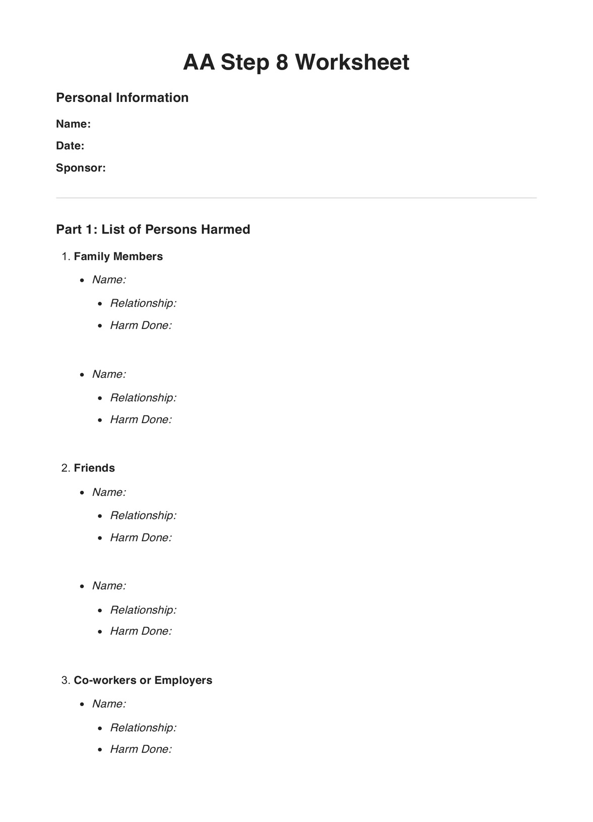 AA Step 6 Worksheets Example Free PDF Download AA Step 6 Worksheets Example Free PDF Download