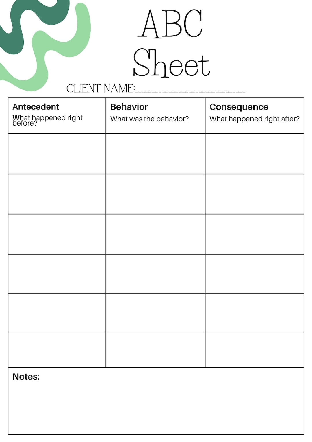 ABC Data Sheet Antecedent Behavior Consequence For Anecdotal Therapy Data Bcba Aba Bt Etsy