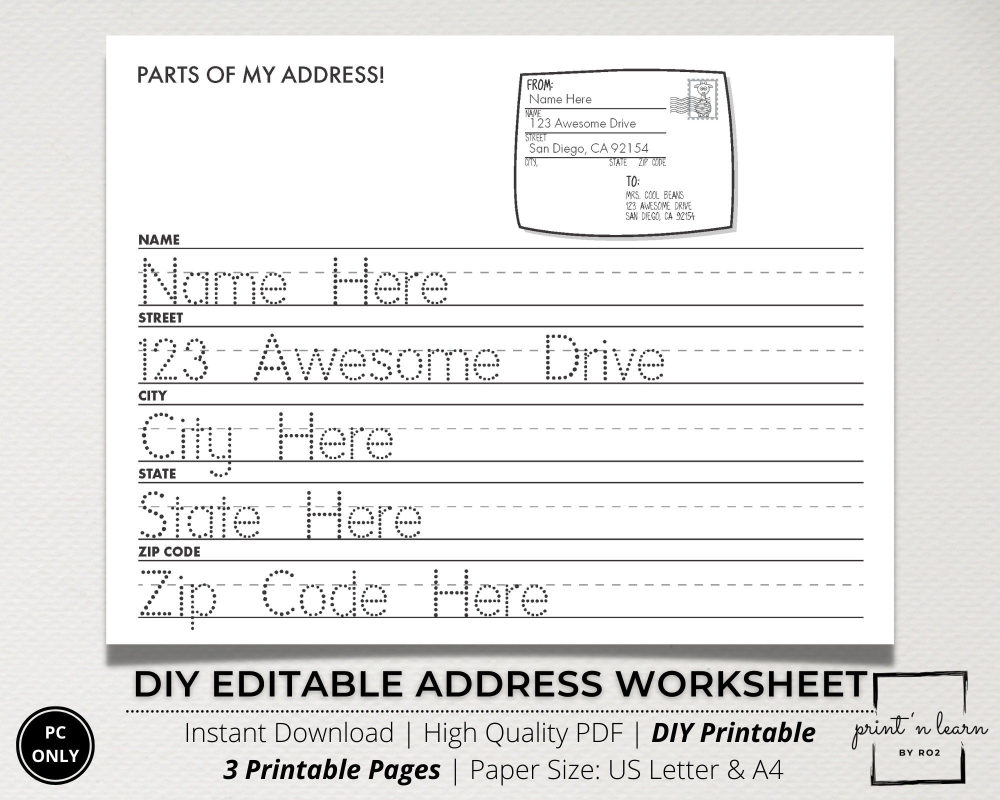 Address Tracing Sheet I Know My Address Address Worksheet Address Activity Editable Address Tracing Write My Address Dot Letters DIY Etsy