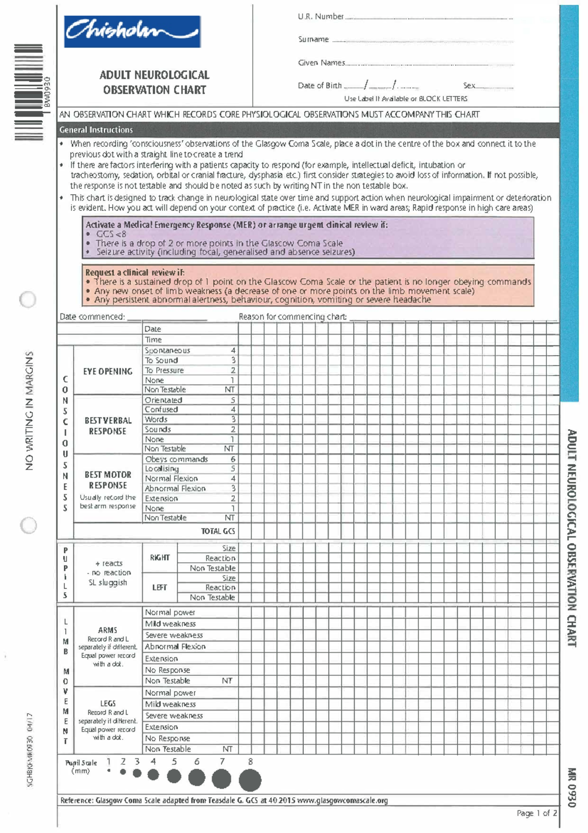 Adult Neuro Observation Chart GCS Tracking Assessment Studocu