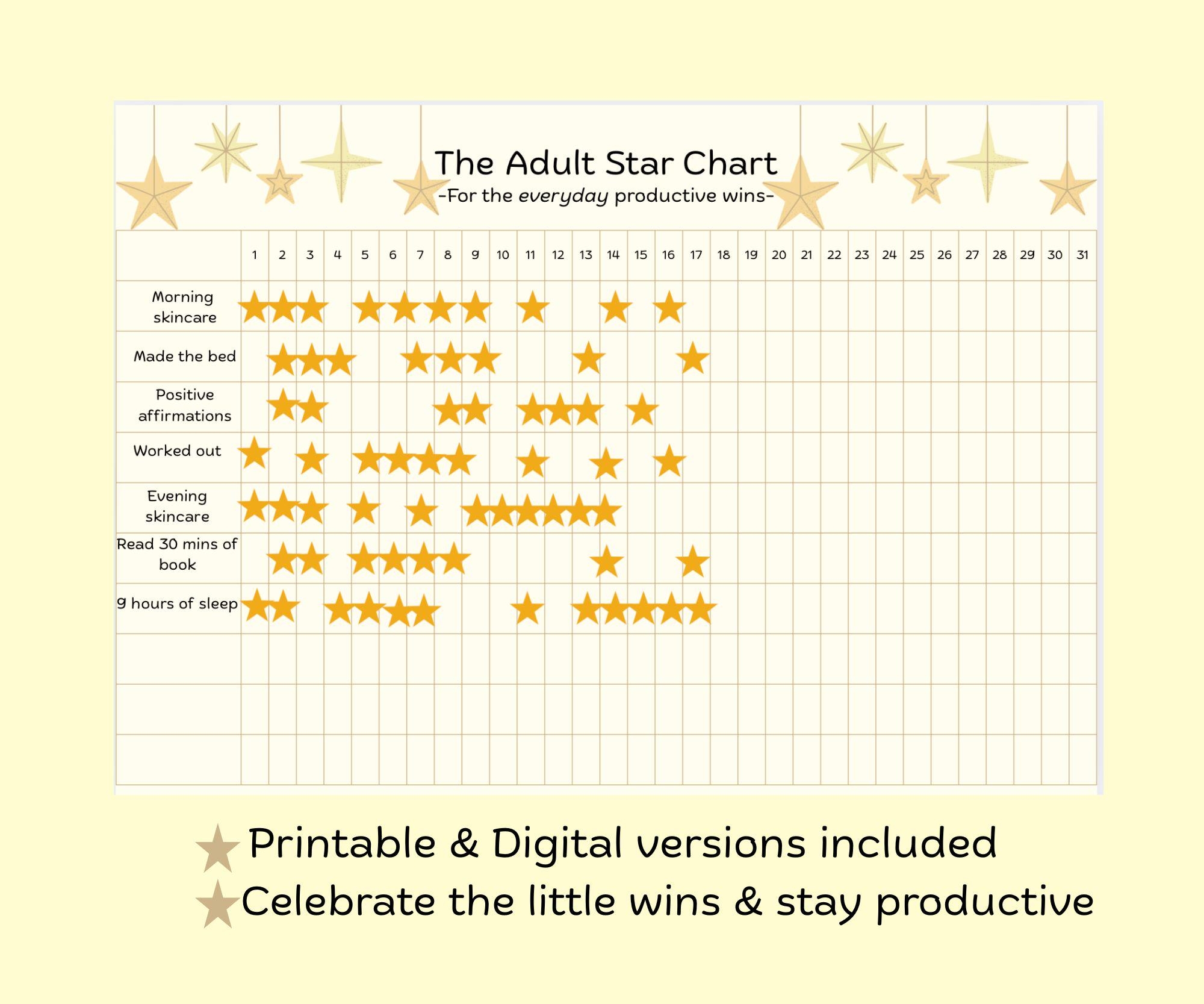 Adult Star Chart Printable Digital Canva Habit Tracker Productivity Chart Aesthetic Self care Tracker For Daily Wins Etsy