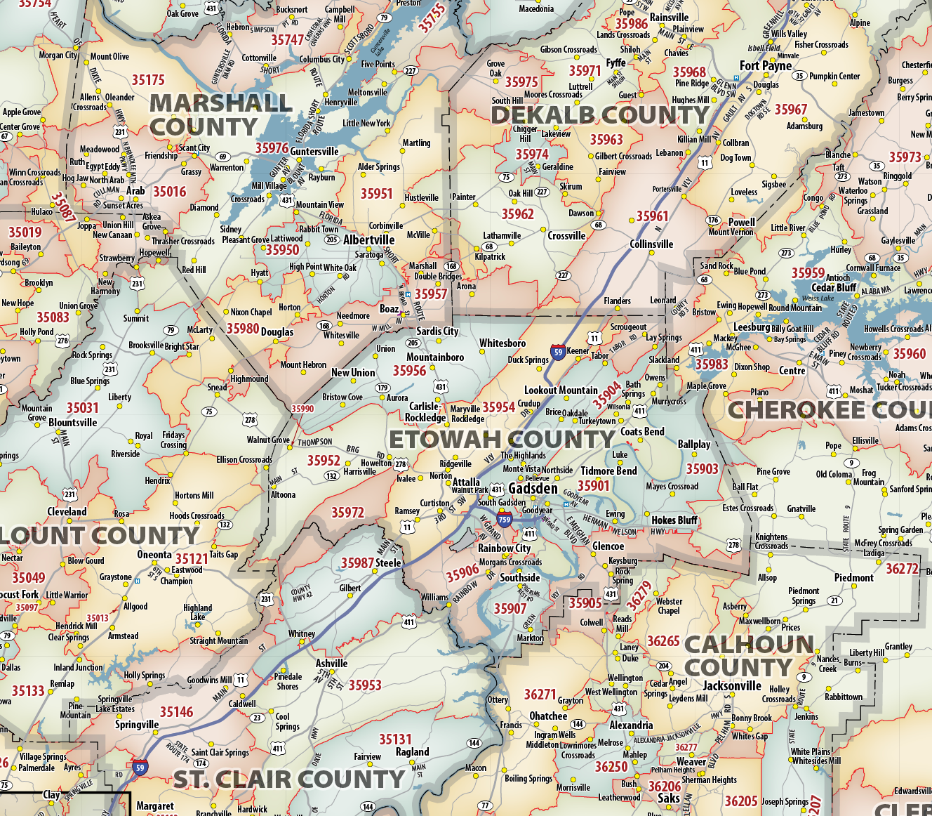 Alabama ZIP Code Laminated Map Topographics