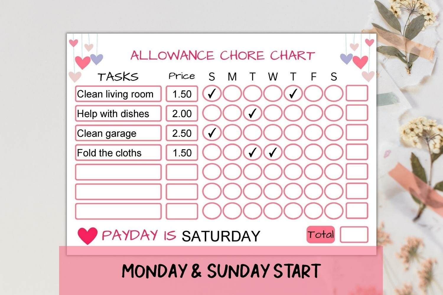 Allowance Chore Chart Editable 5 Colors A4 Letter Pdf 