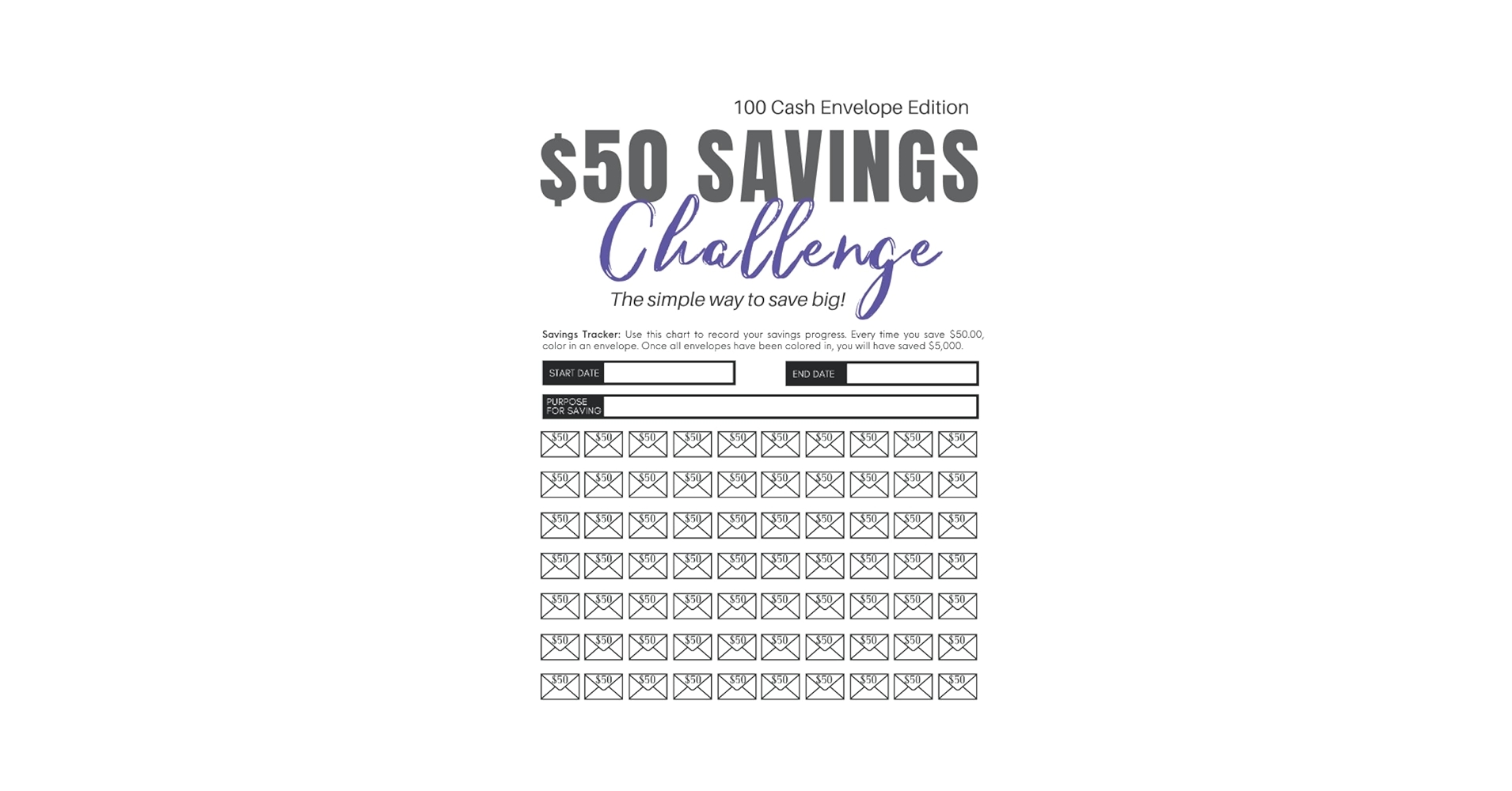 Printable 50 Envelope Challenge Chart Printable 50 Envelope Challenge Chart