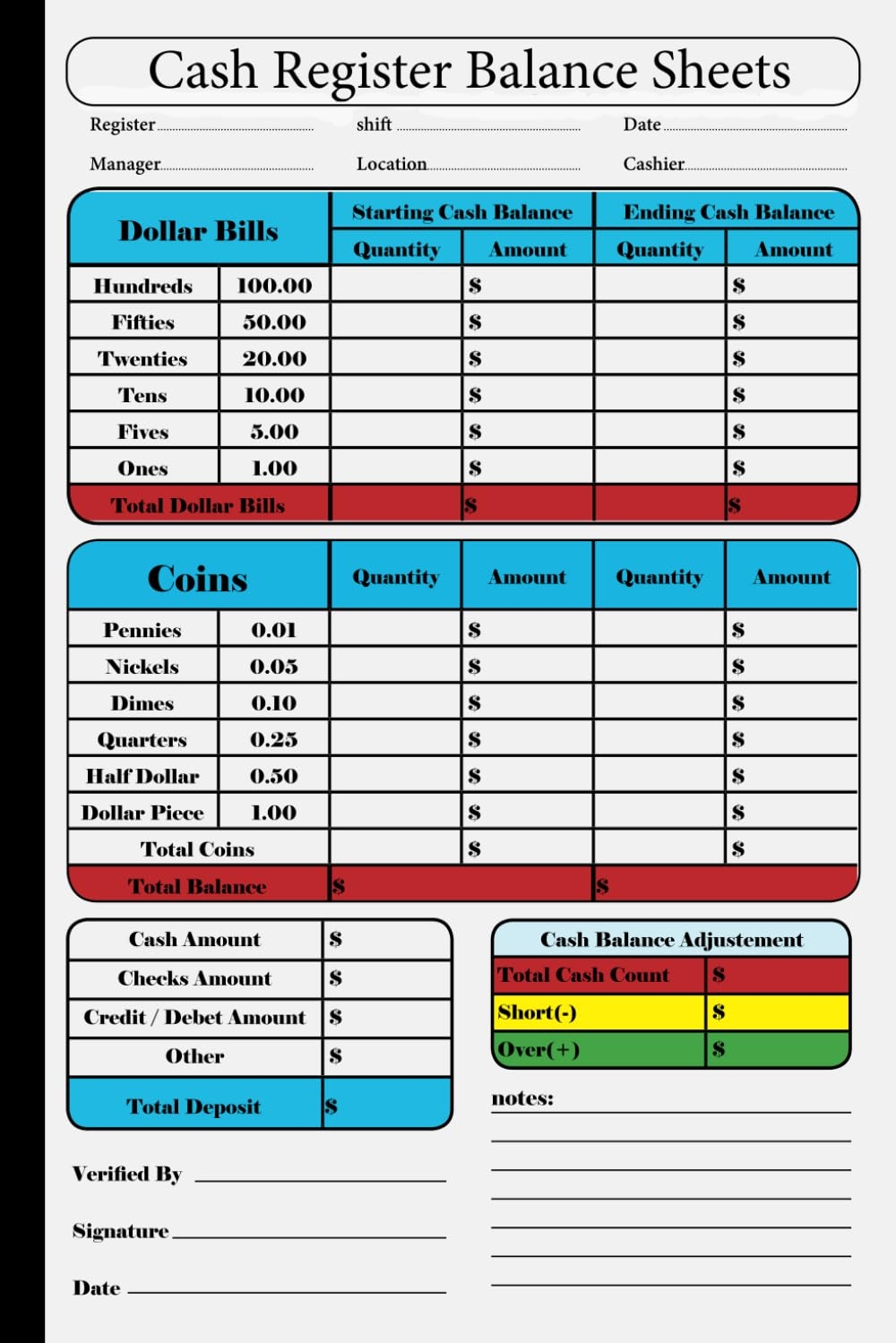 Printable Cash Drawer Count Sheet Template
