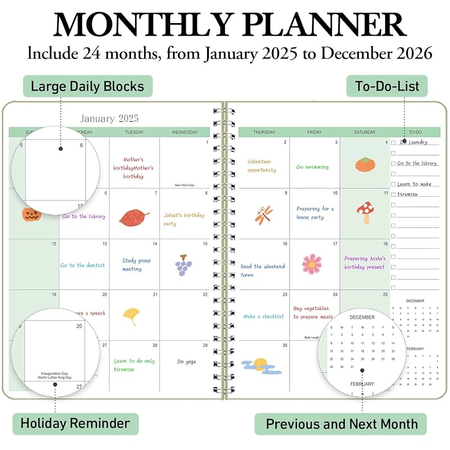 Amazon DOURA Monthly Planner 2025 2026 Calendar Book Calendar Planner 2025 2026 JAN 2025 DEC 2026 7 X 9 5 24 Months For School Office Home Planning Green Office Products