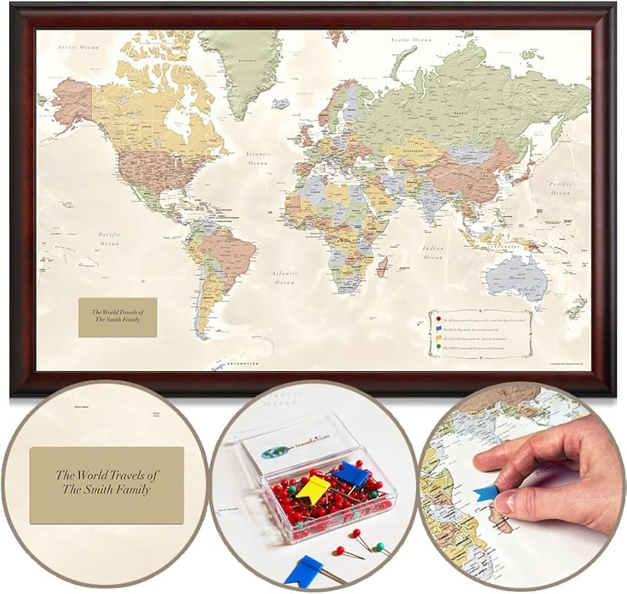 Amazon Map Your Travels Deluxe Push Pin World Map Premium Wood Frame Personalized Gift Map Handmade In Minnesota 33 X 21 Office Products