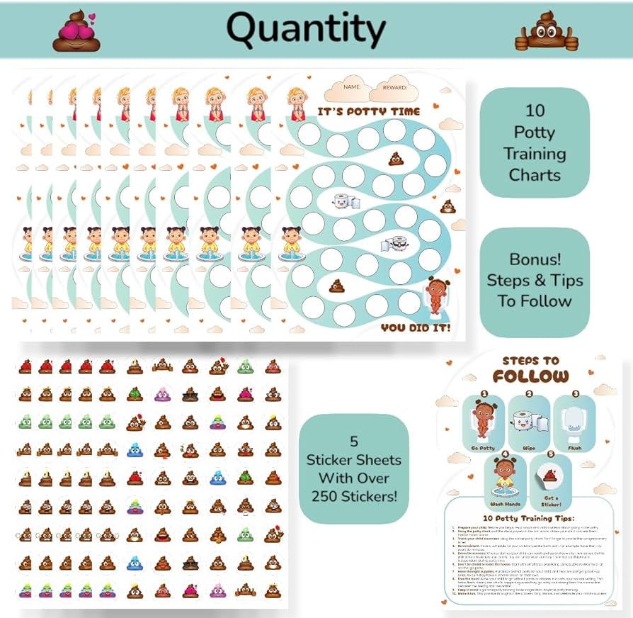 Amazon Potty Training Chart For Toddlers Boys And Girls Including Fun Reward Poop Stickers 10 Potty Sticker Chart For Kids And Over 300 Stickers For Toilet Training Success Baby