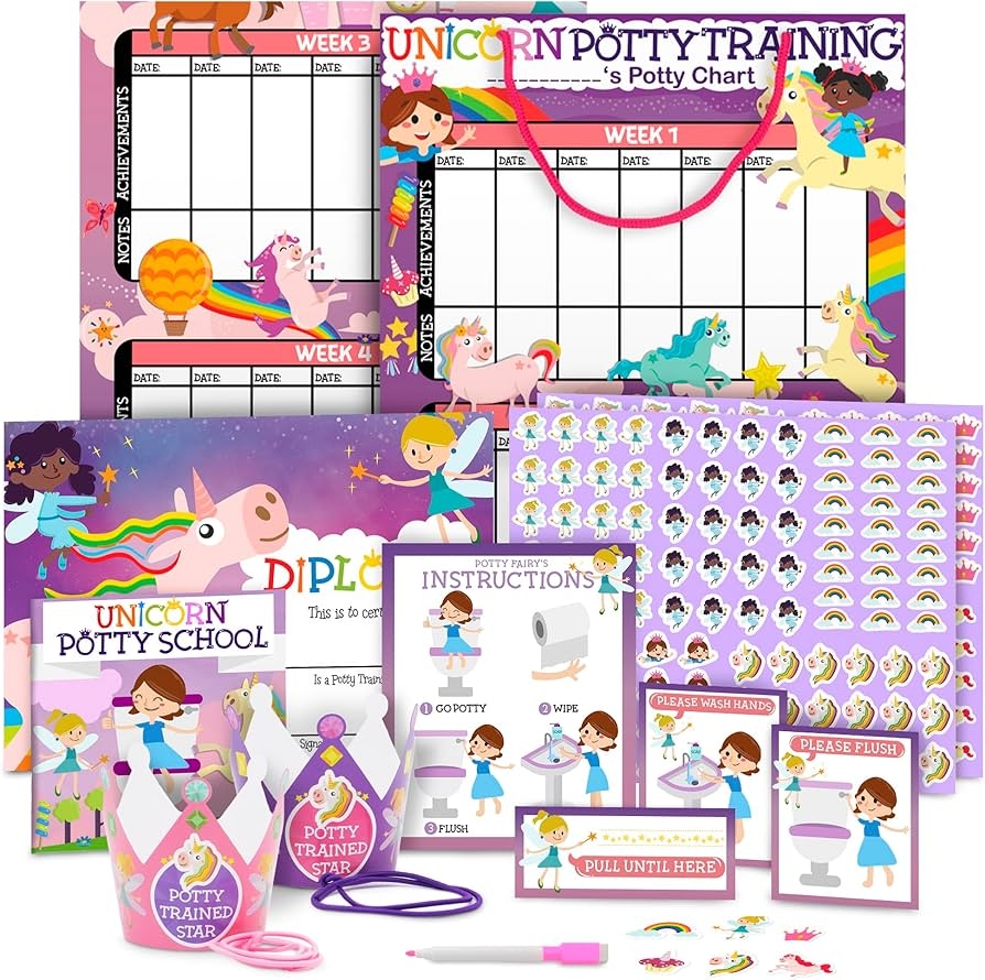 Amazon Potty Training Chart For Toddlers Girls Unicorn Design Sticker Chart 4 Week Reward Chart 213 Cute Stickers Certificate Instruction Booklet Motivational Cards Bonus Celebratory Crown Baby