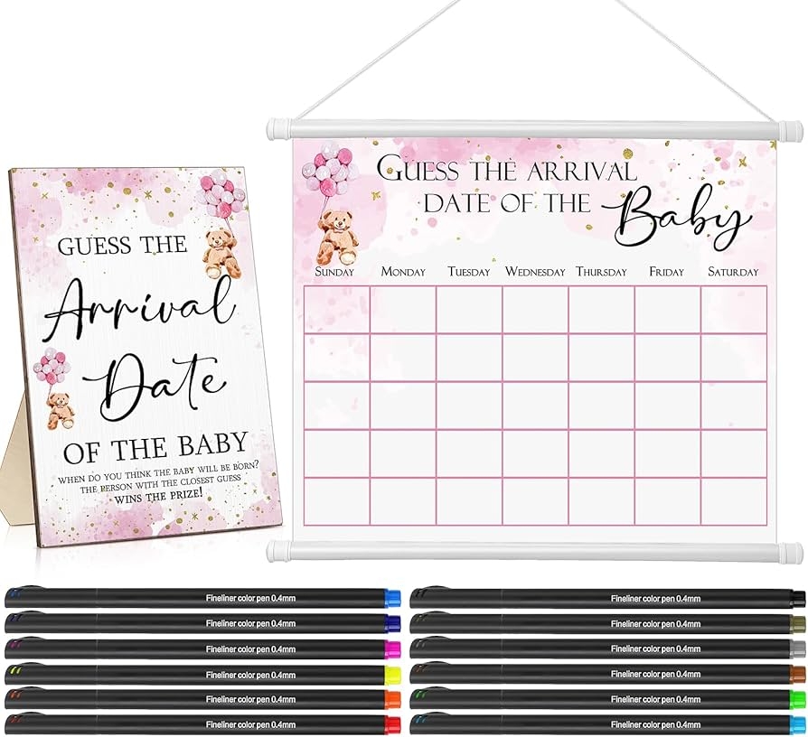 Amazon Sintuff Guess Baby Due Date Calendar Include 1 Pcs Guess The Arrival Date Of The Baby Shower Wooden Sign 1 Prediction Calendar 12 Fineliner Colored Pens Game Party Favor Pink Bear 