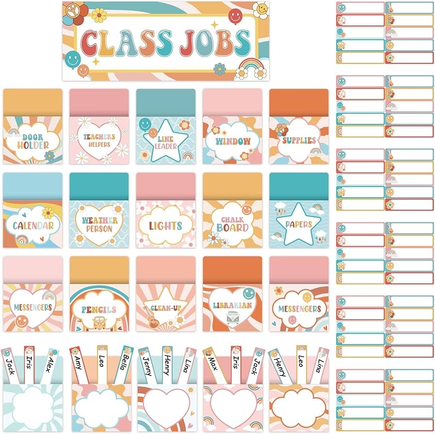 Amazon ZOiiWA 81pcs Groovy Class Jobs Bulletin Board Hippie Themed Classroom Jobs Pocket Chart Set Teacher s Helper Chalkboard Decor Classroom Bulletin Board Set Wall Decoration For Back To School Supplies Office