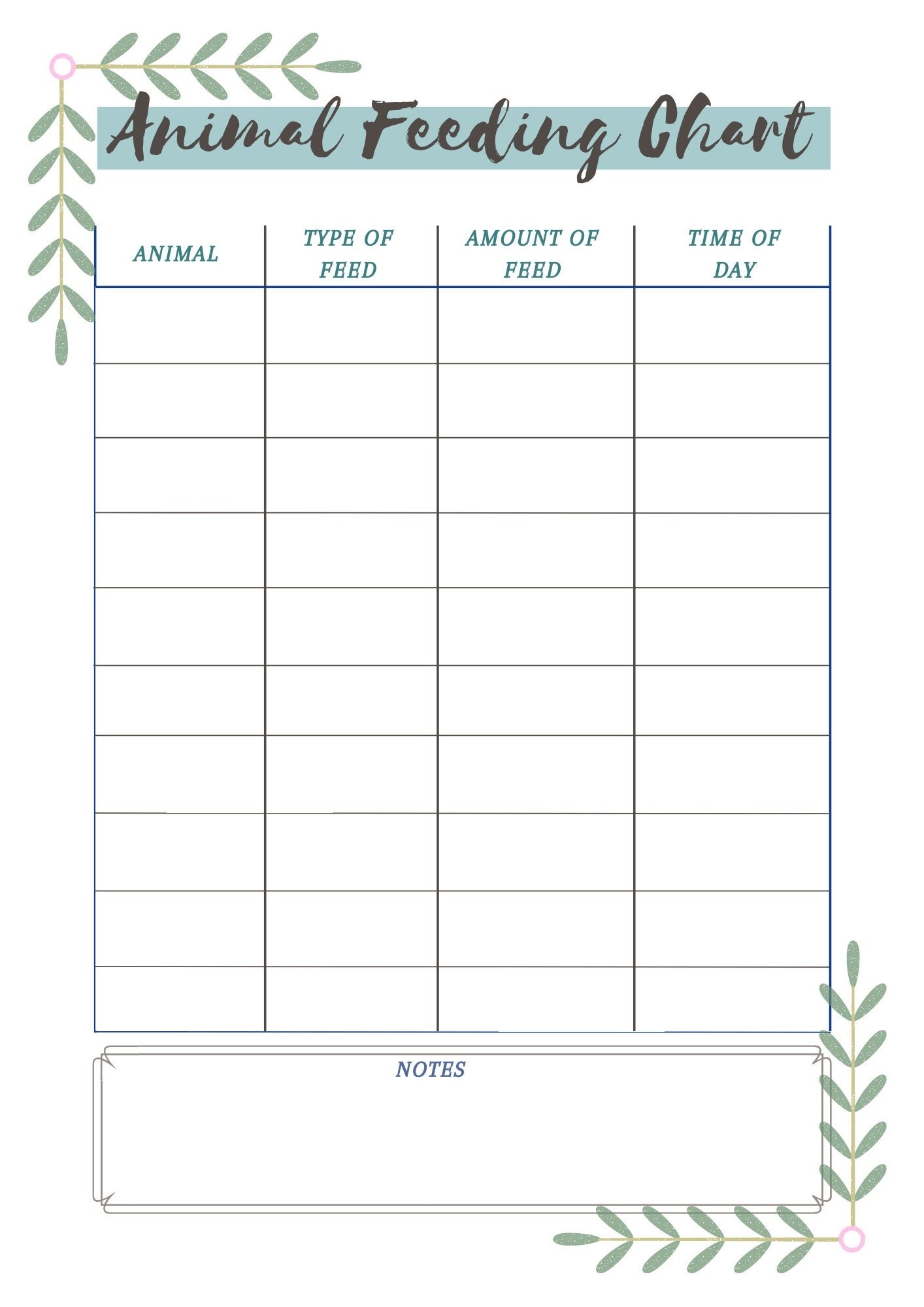 Animal Feeding Chart Feeding Schedule Livestock Feeding Instant Download Etsy