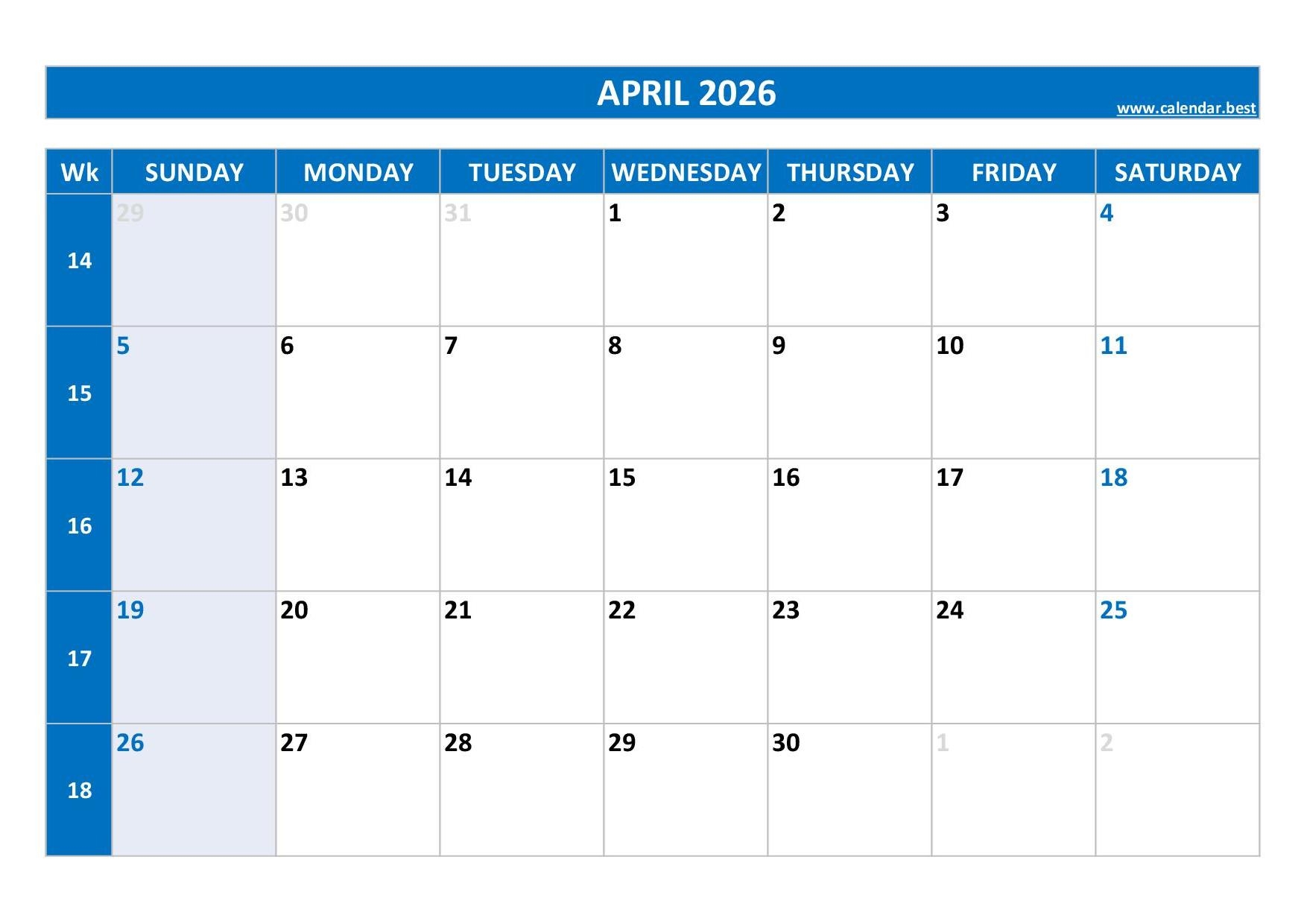 April 2026 Calendar Calendar best