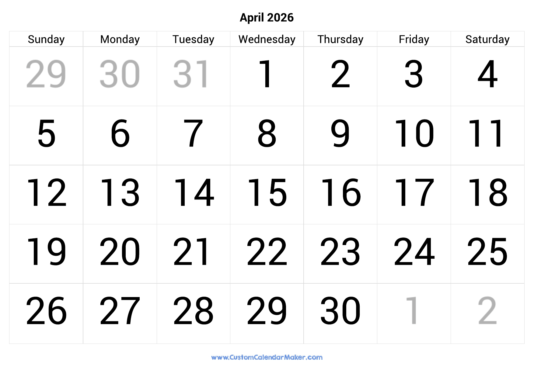 April 2026 Calendar Printable With Large Numbers Custom Calendar Maker