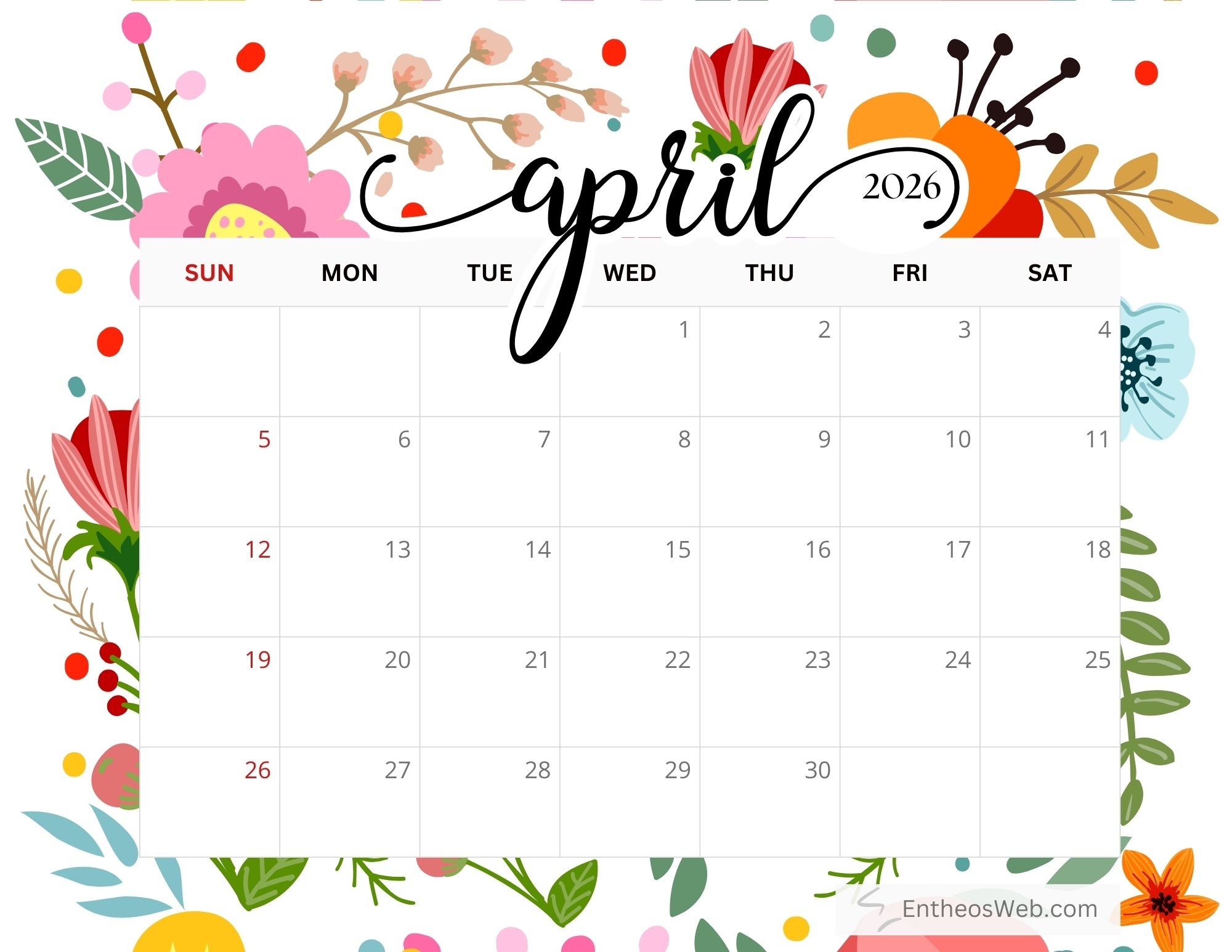 April 2026 Printable Calendars EntheosWeb
