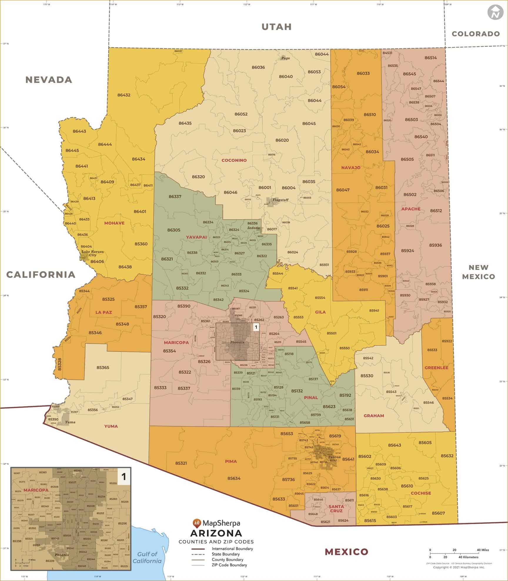 Arizona ZIP Code Map With Counties By MapSherpa The Map Shop