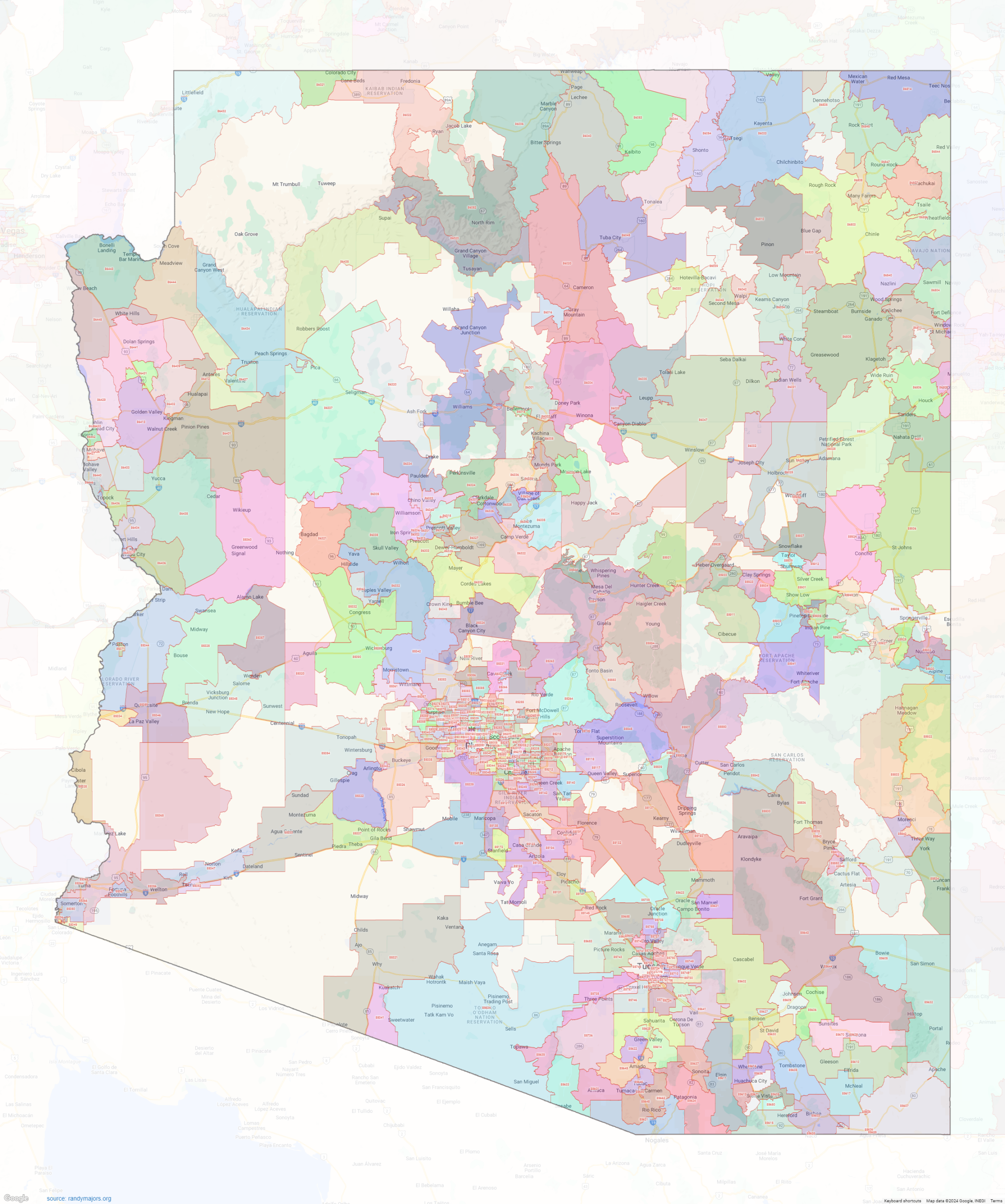 Arizona ZIP Codes Shown On Google Maps