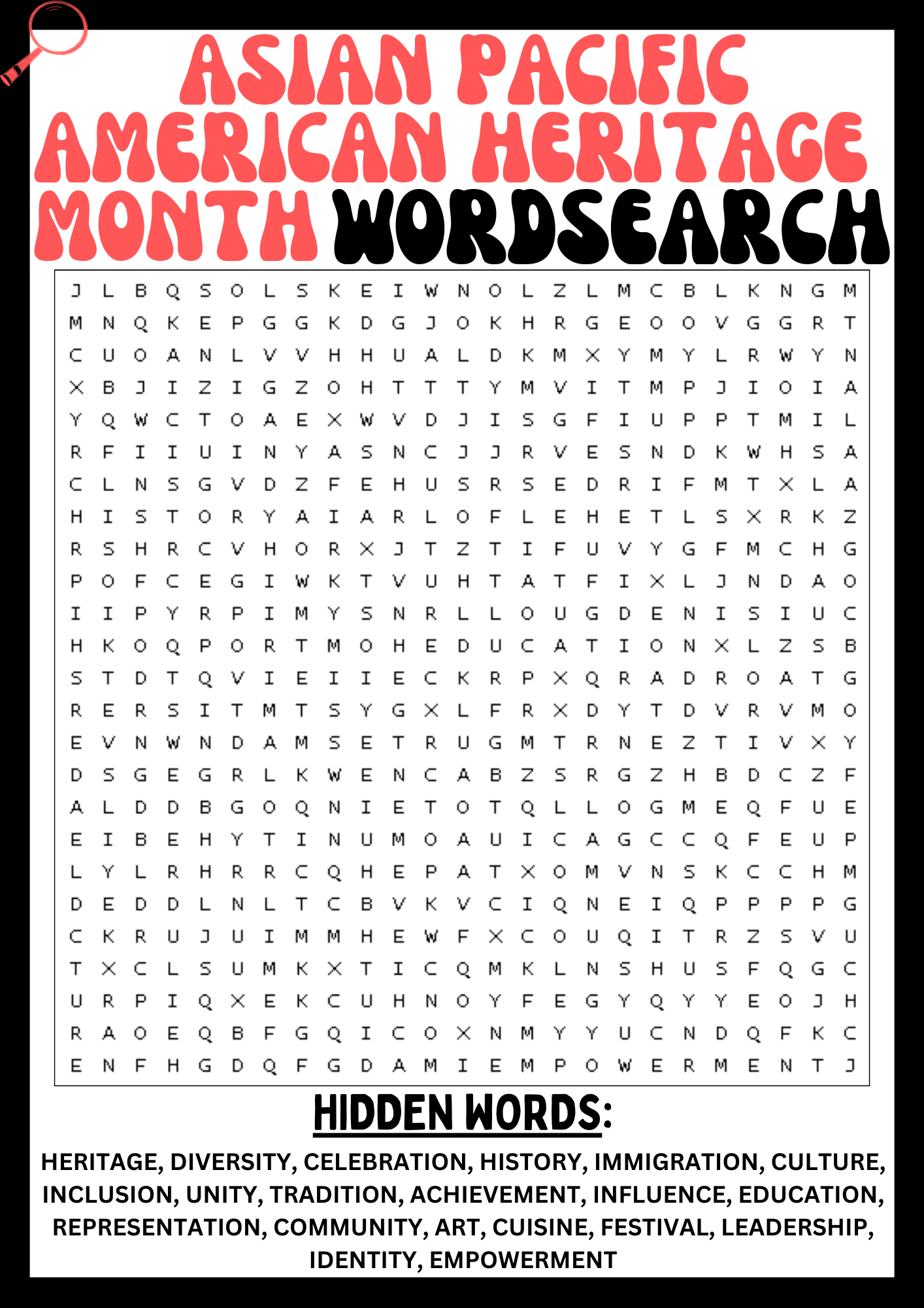 ASIAN PACIFIC AMERICAN HERITAGE MONTH Wordsearch Puzzle Worksheet Printables Activity Made By Teachers