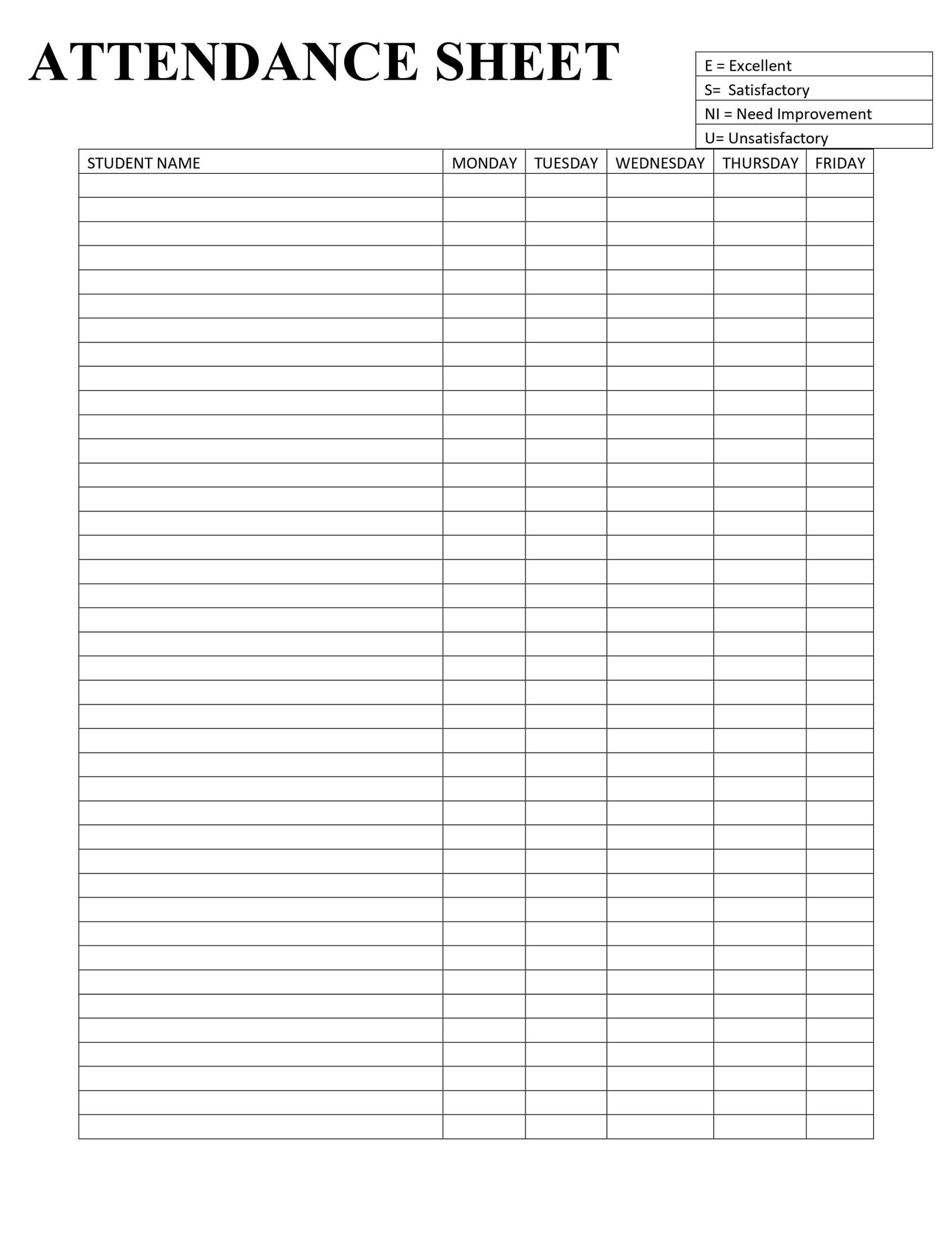Attendance Sheet Printable Form Digital File Instant Download Editable