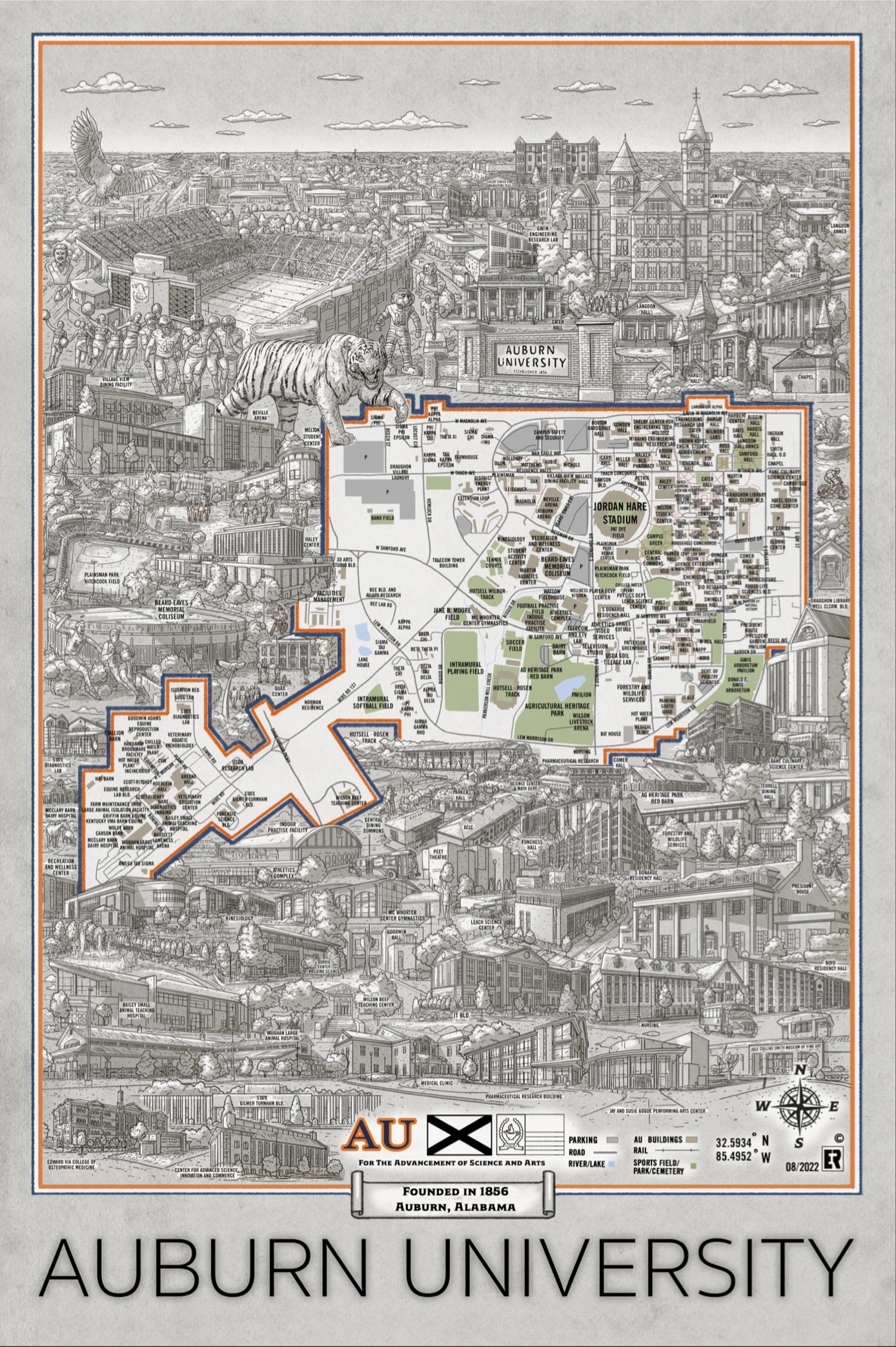 Auburn University Map Print Hand drawn Wall Art Etsy