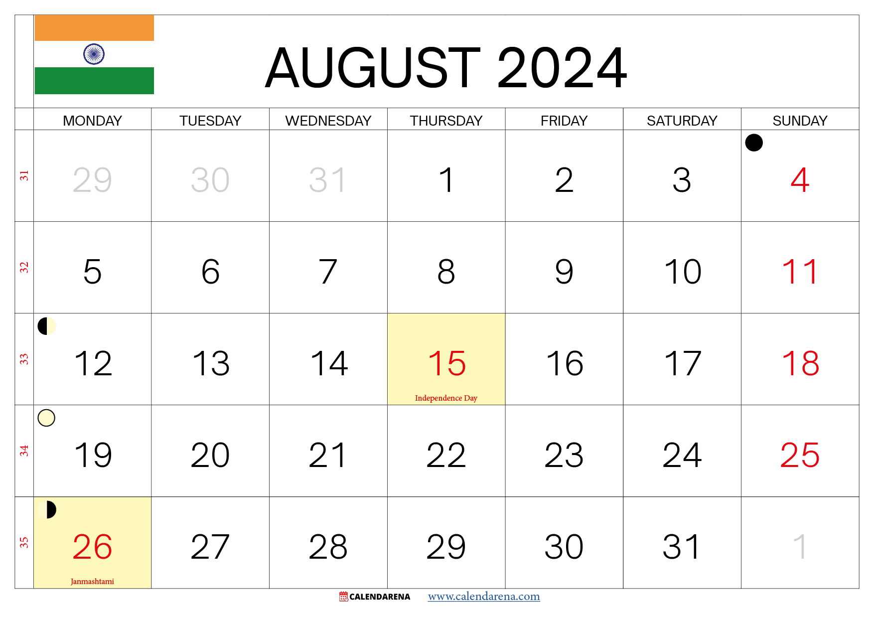 August 2024 Calendar India