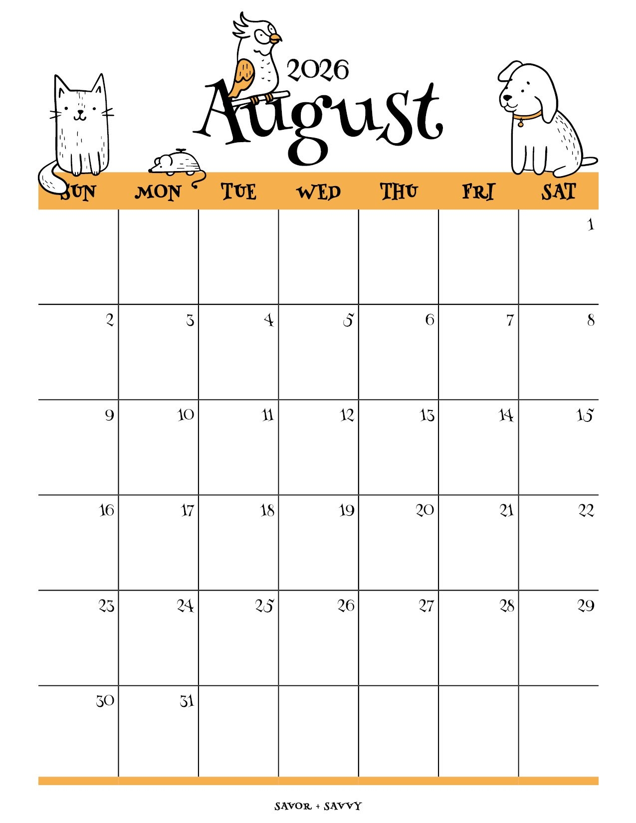 August Calendar 2026 Printable Free