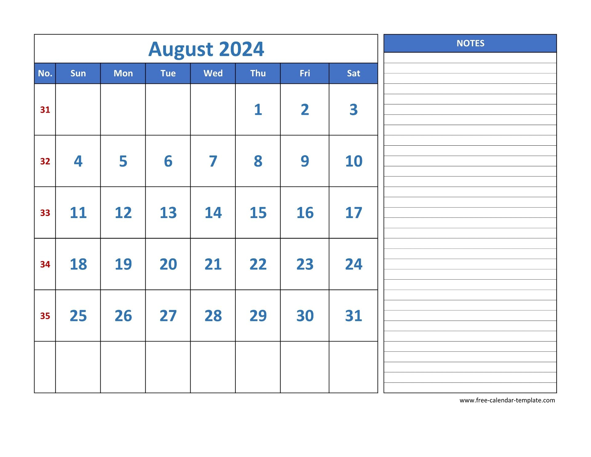 August Calendar 2024 Grid Lines For Holidays And Notes horizontal Free Calendar template