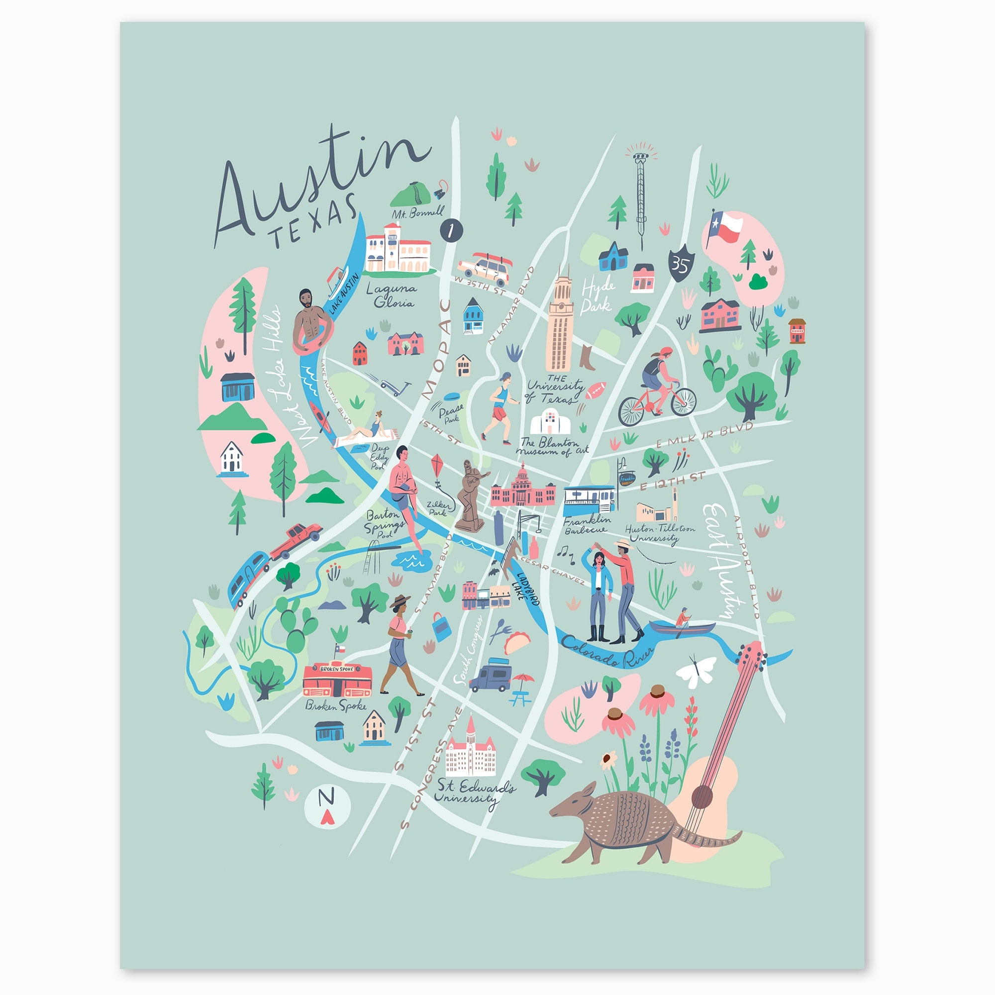 Austin Map Print Texas University Of Texas South Congress Willie Nelson Lake Austin Ladybird Lake St Edwards Barton Springs Pool Etsy