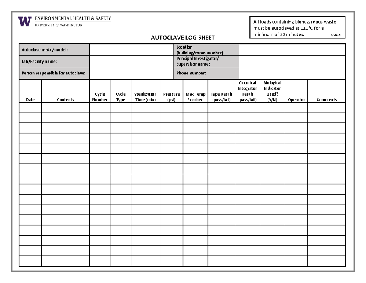 Autoclave Log Sheet Template All Loads Containing Biohazardous Waste Must Be Autoclaved At 121 C Studocu