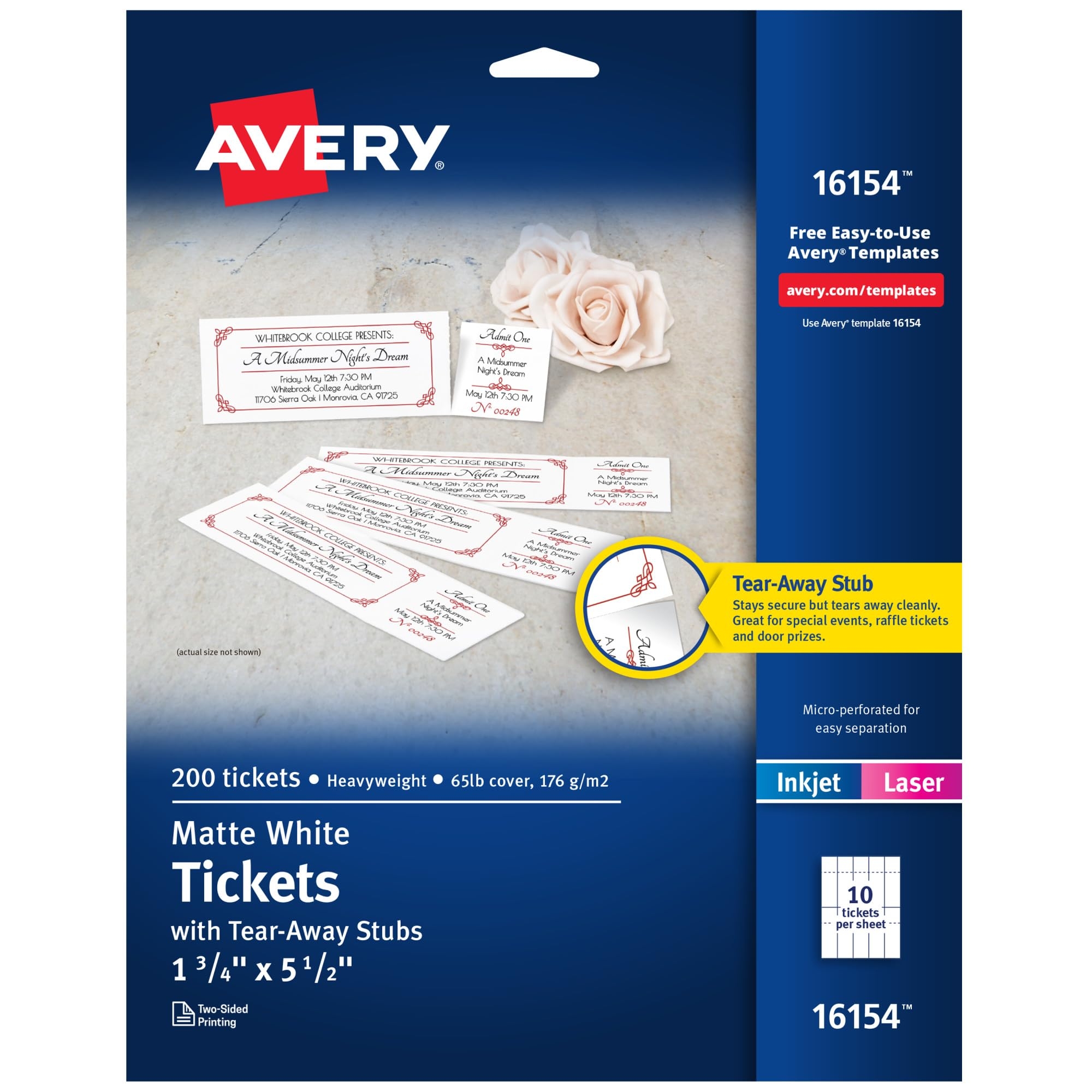 Avery Printable Tickets With Tear Away Stubs White 1 3 4 Width X 5 1 2 Length Laser Inkjet 20 Sheet 5 Carton 16154CT Amazon de Stationery Office Supplies