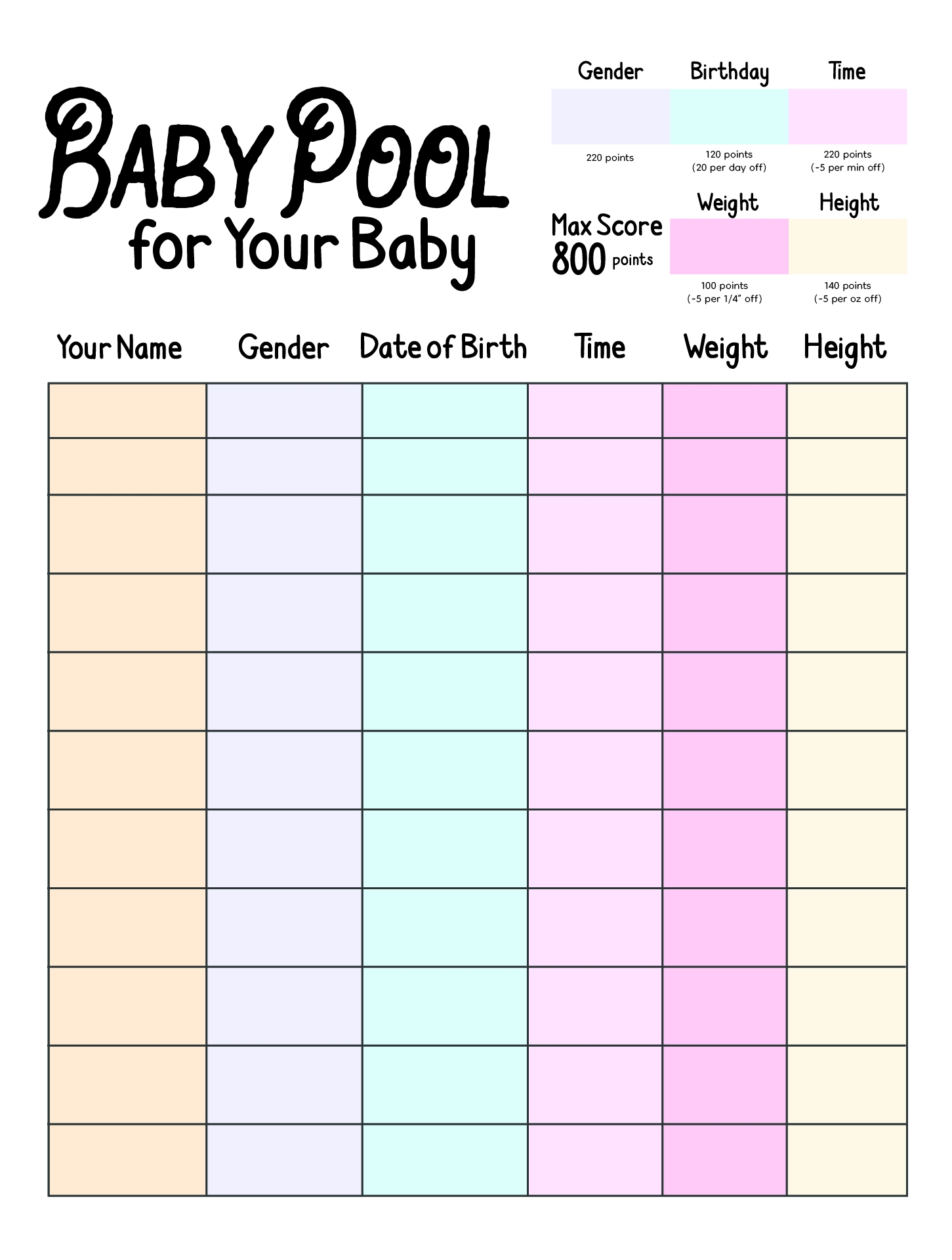 Baby Betting Pool Template 10 Free PDF Printables Printablee