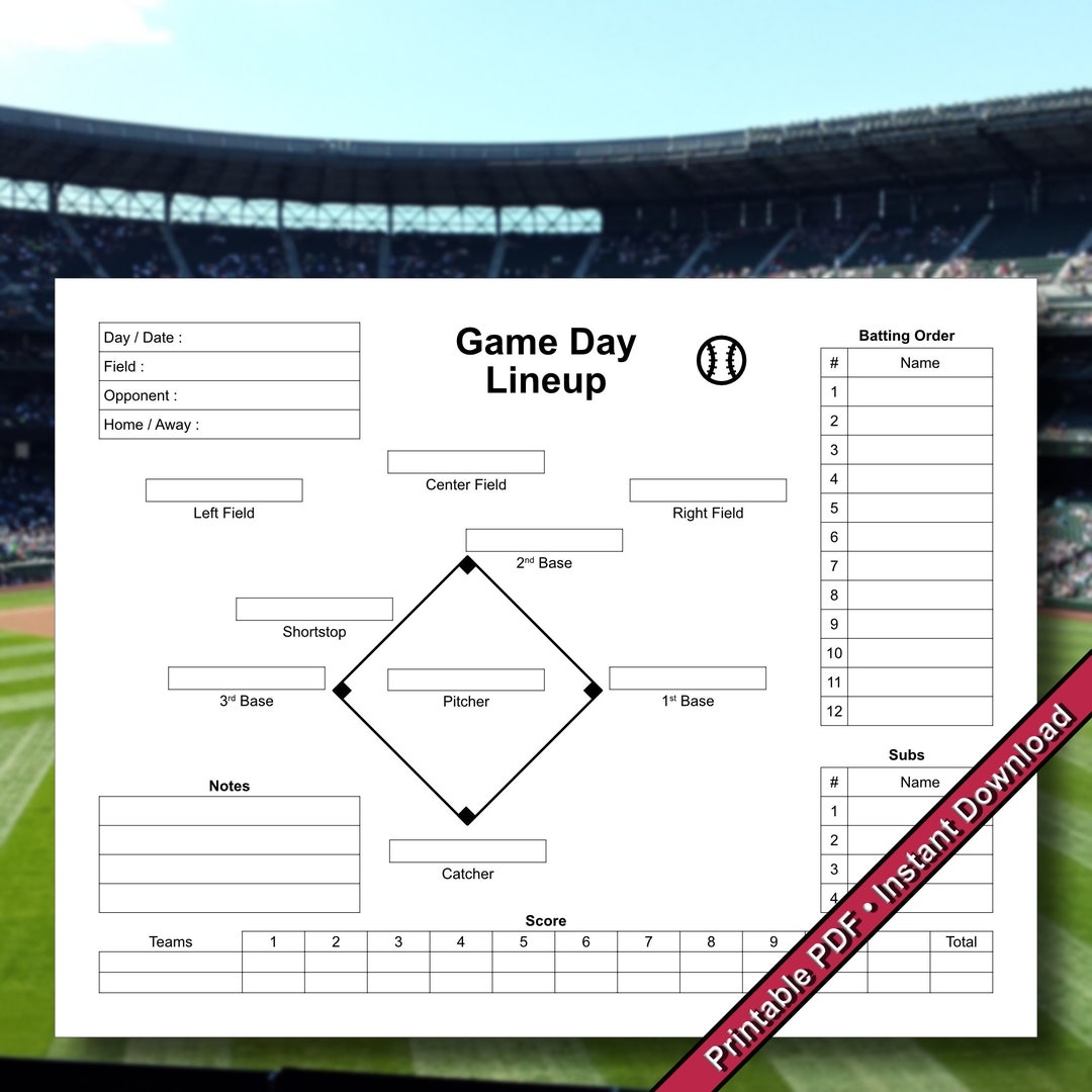 Baseball Game Day Lineup Form Printable PDF Instant Digital Download Etsy