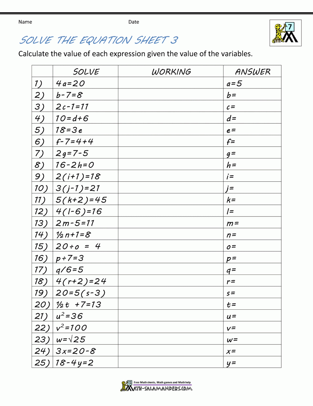 Printable Algebra Worksheets