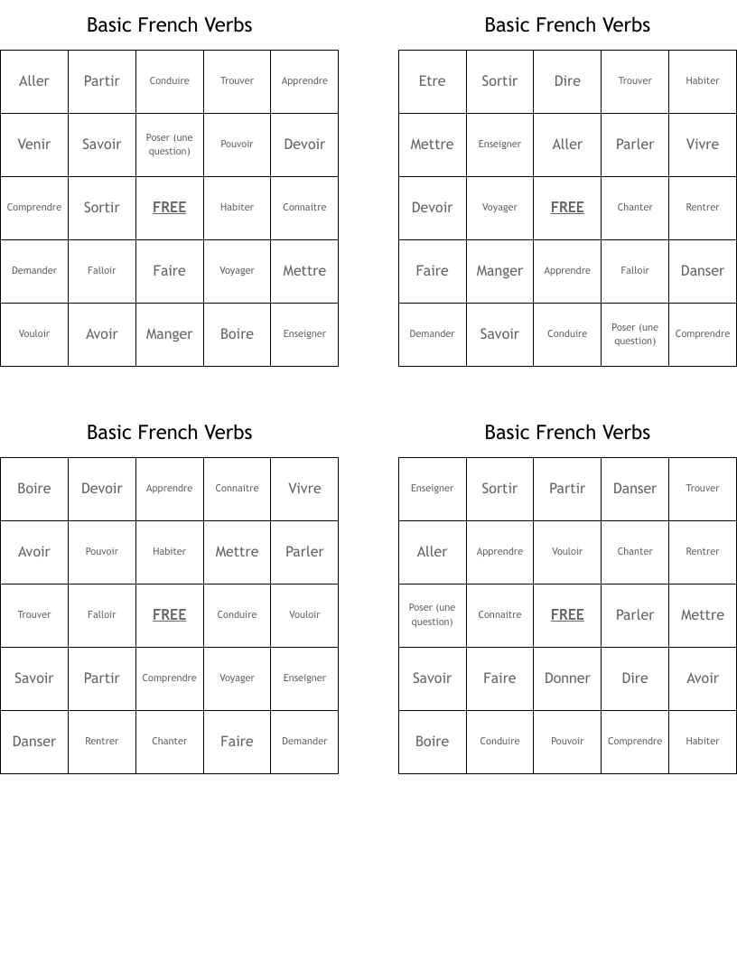 Basic French Verbs Bingo Cards WordMint Basic French Verbs Bingo Cards WordMint