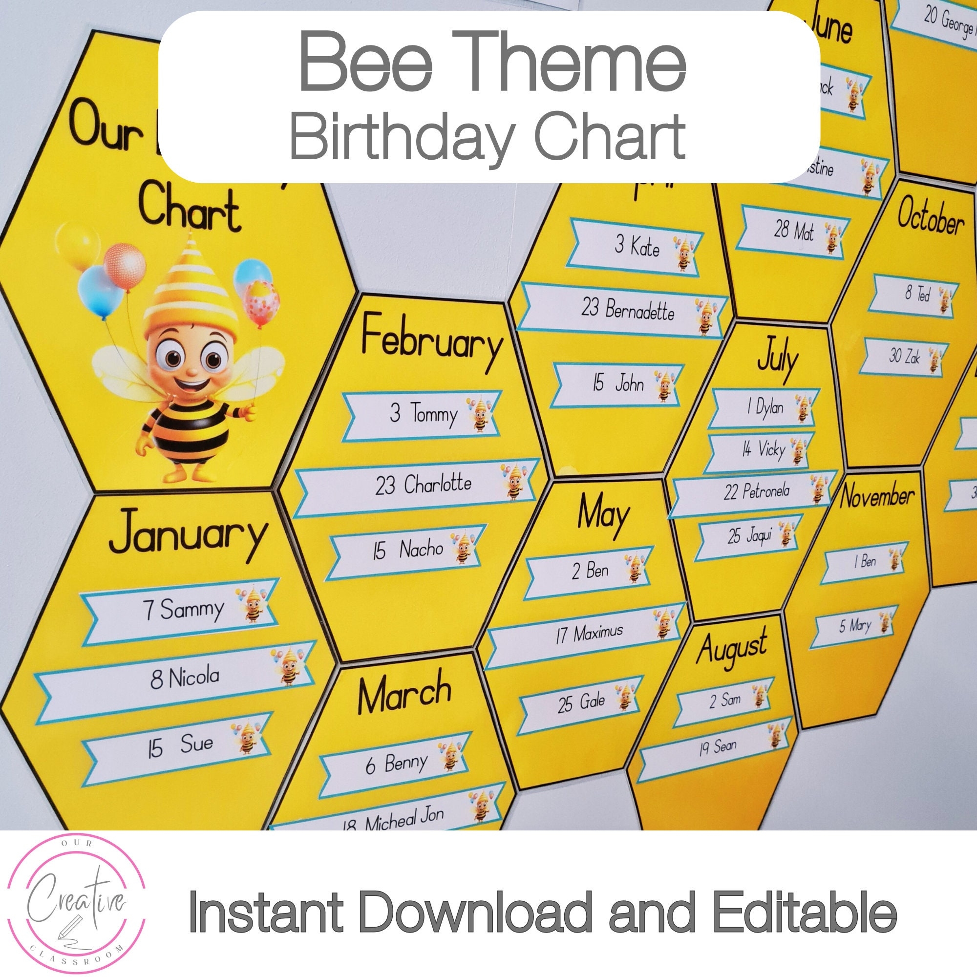 Bee Themed Classroom Birthday Chart Ideas Printable Birthday Charts For Kindergarten Instant Download A4 8 3 X 11 7 Or 210 X 297mm Etsy