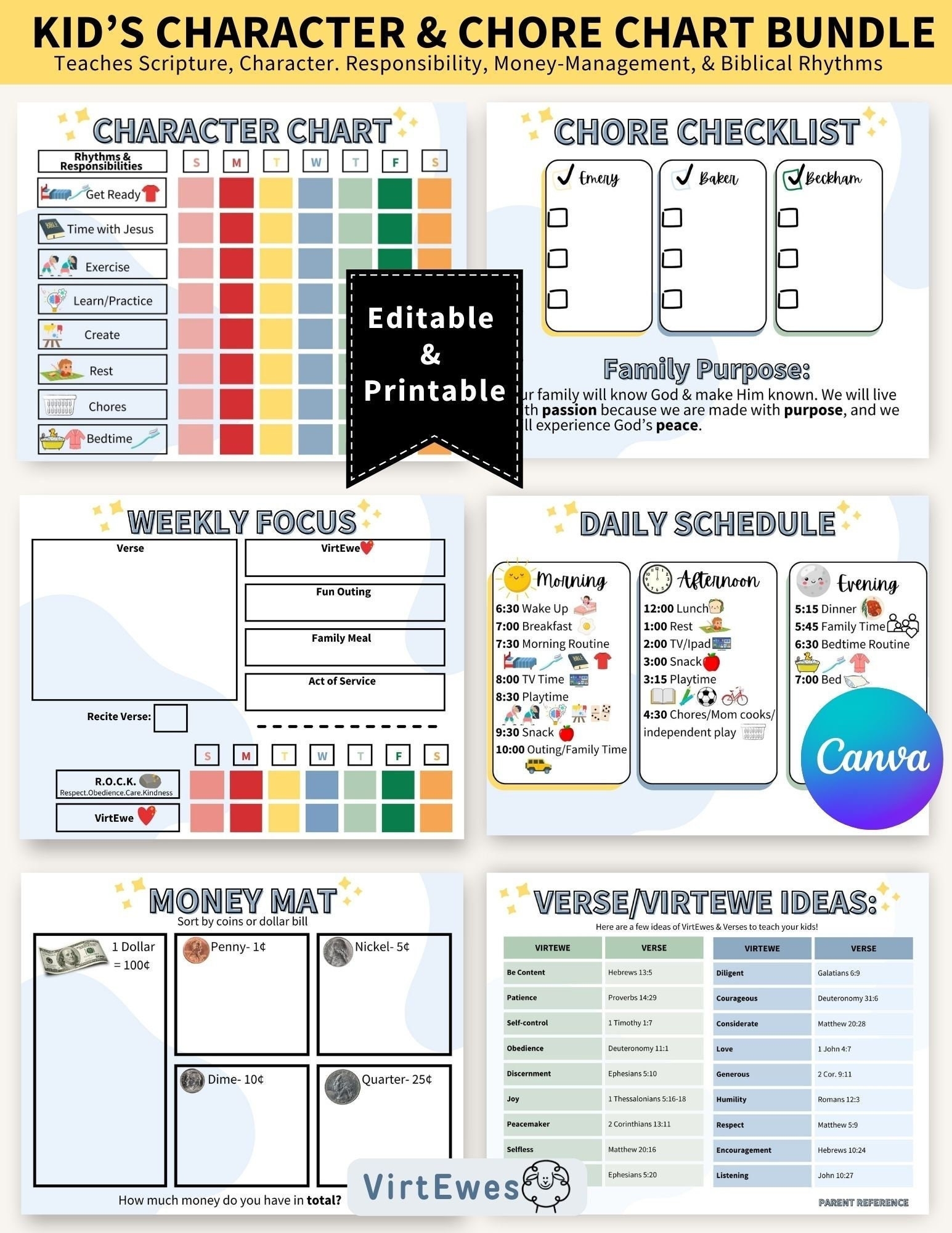 Biblical Chore Chart For Kids Scripture Memory editable PDF Etsy