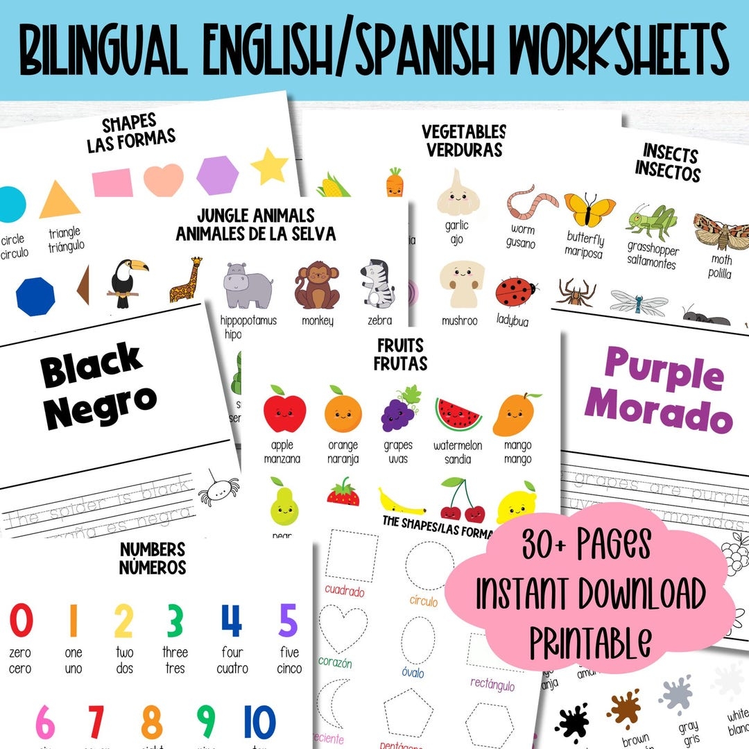 Bilingual English Spanish Worksheet Printable Kindergarten Spanish Learning Binder Page Homeschool Bilingual Worksheet Numbers Colors Shape Etsy