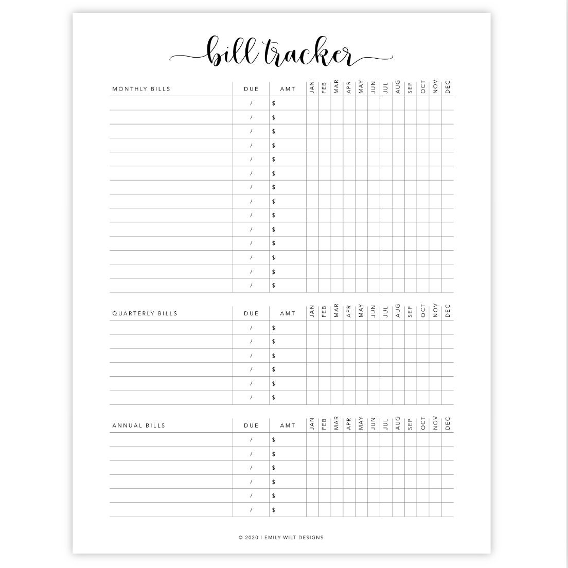 Printable Bill Due Date Calendar