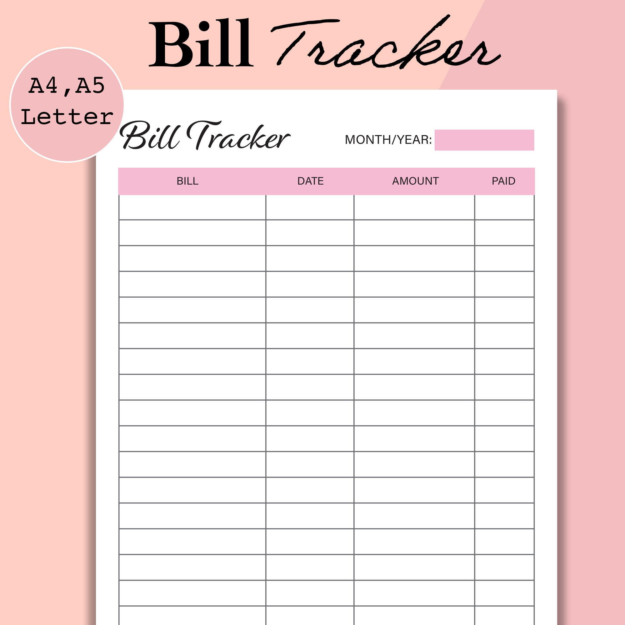 Bill Tracker Printable Monthly Bill Organizer A4 A5 Letter Etsy