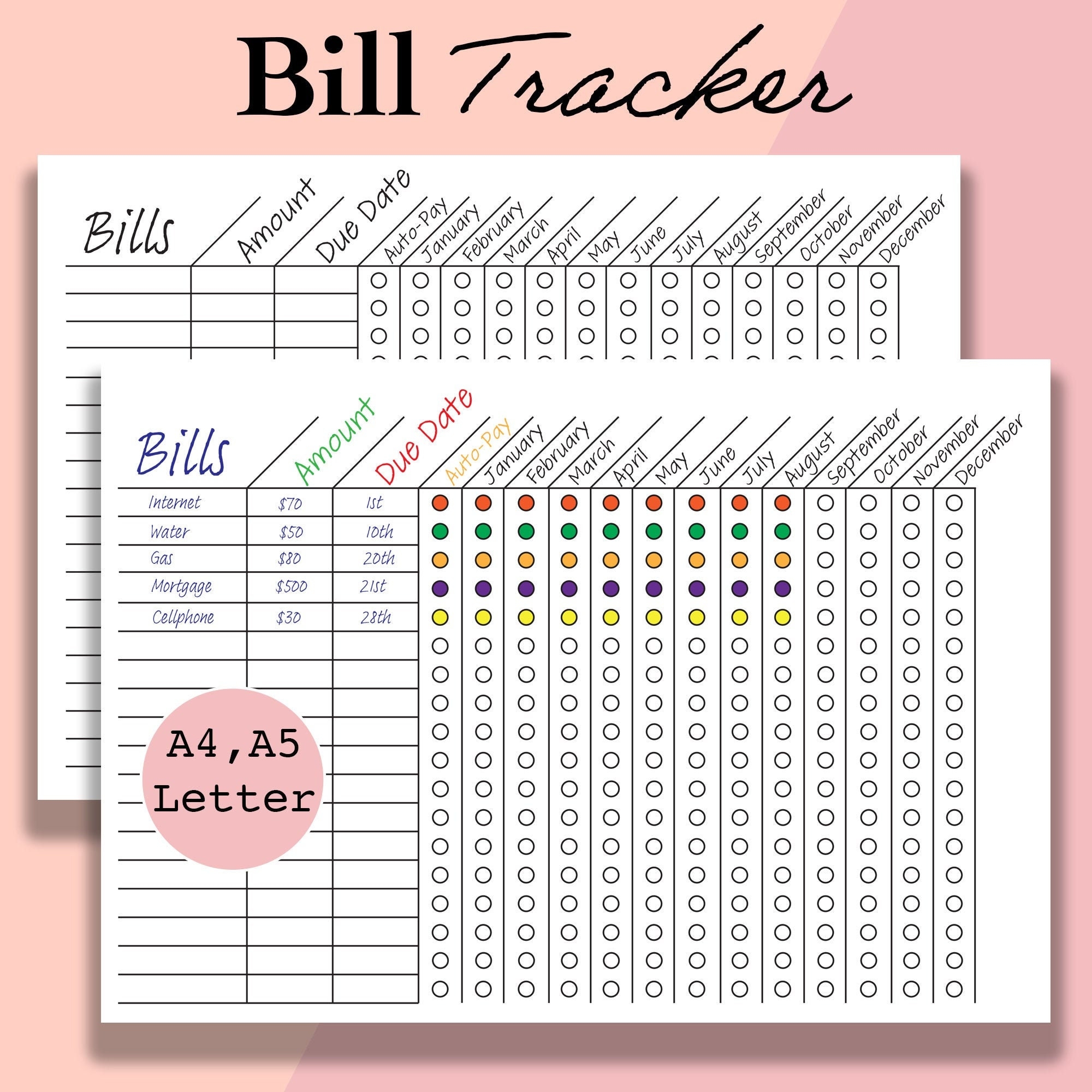 Bill Tracker Printable Monthly yearly Bill Organizer A4 A5 Letter Etsy