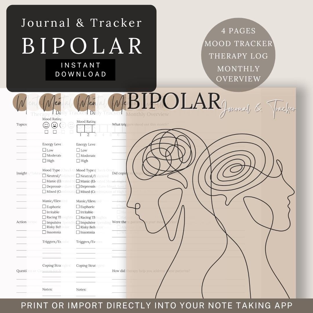 Bipolar Mood Tracker Printable 4 page Mental Health Journal Daily Monthly Therapy Log PDF Etsy
