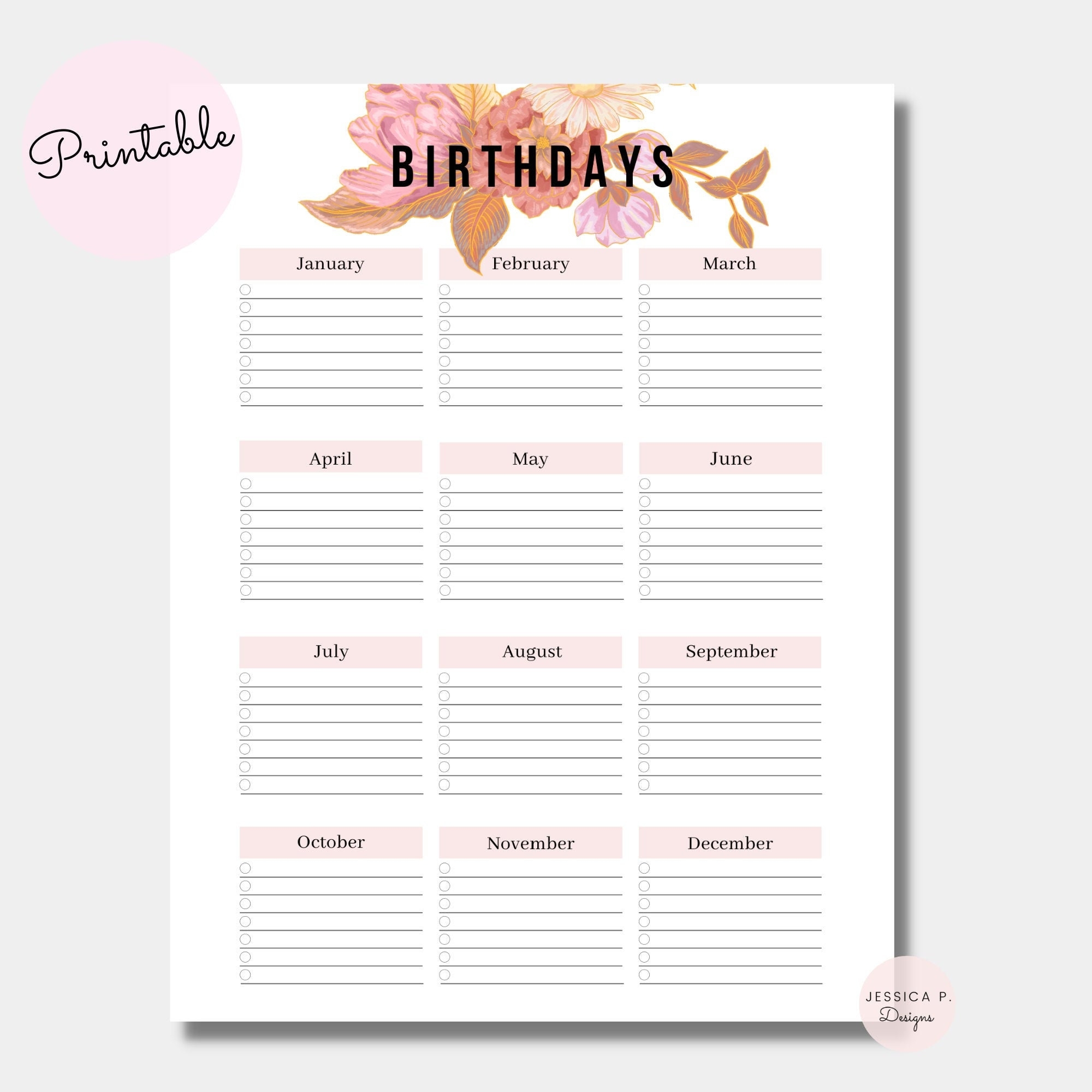 Birthday Calendar Birthday Reminder Birthday Tracker Birthday Log Important Dates Birthday List Birthday Printable Floral calendar Etsy