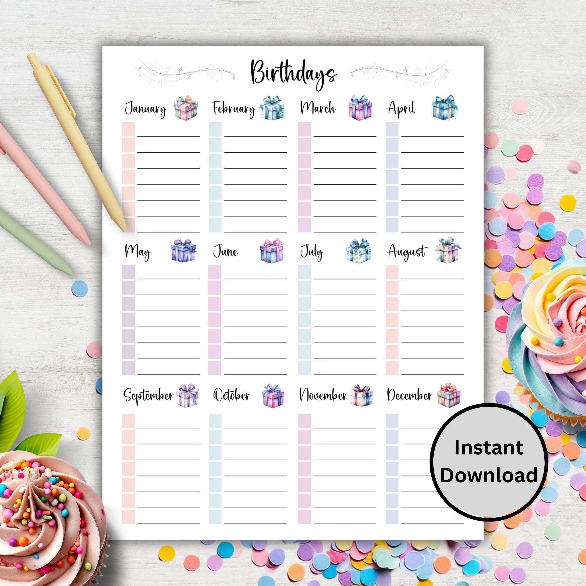 Birthday Tracker Printable Colorful Birthday Calendar Editable Birthday Reminder List PDF Family Birthday Organizer Canva Template A5 A4 Etsy