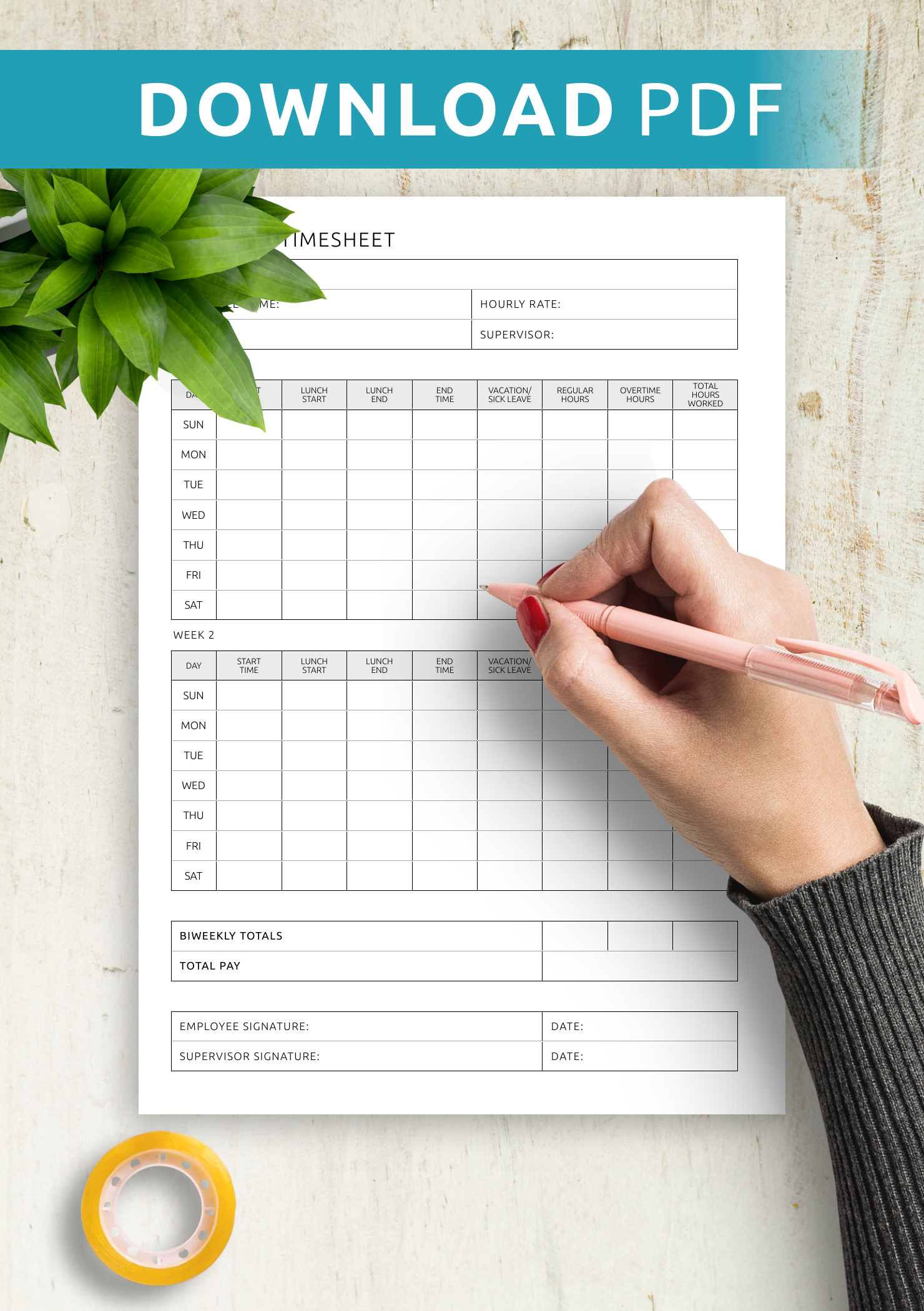 Biweekly Timesheet Template Digital Printable PDF Format