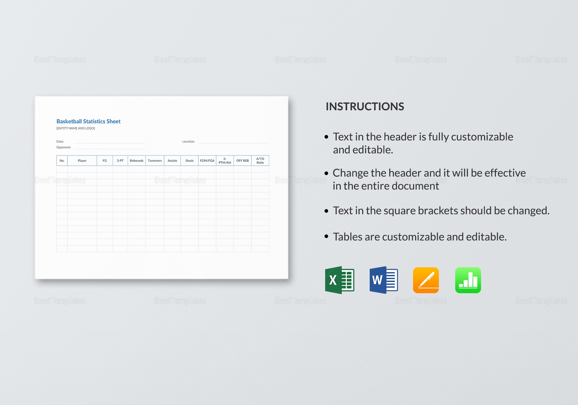 Blank Basketball Stat Sheet Template In Word Excel Apple Pages Numbers