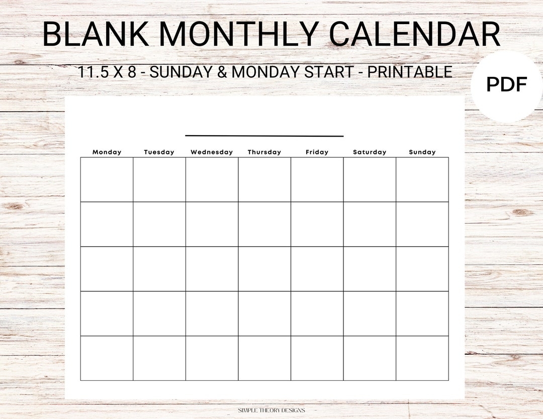 Blank Calendar Sunday Monday Start Monthly Minimalist Printable Template Etsy