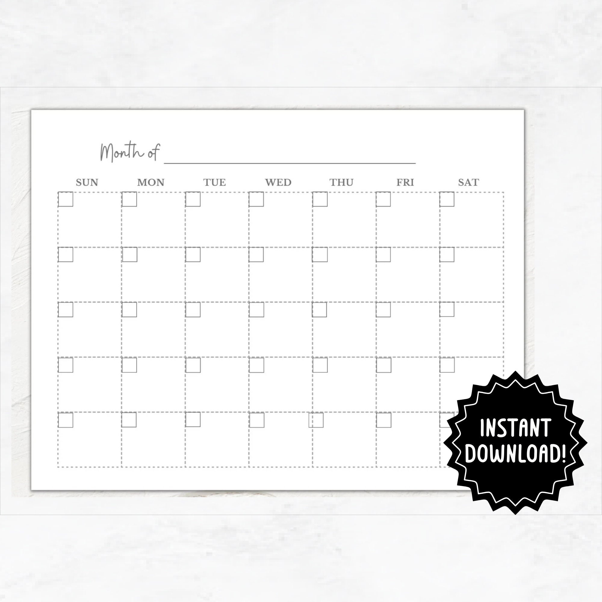 Blank Monthly Calendar Page Printable Empty Calendar Page No Dates Use For Any Month Etsy