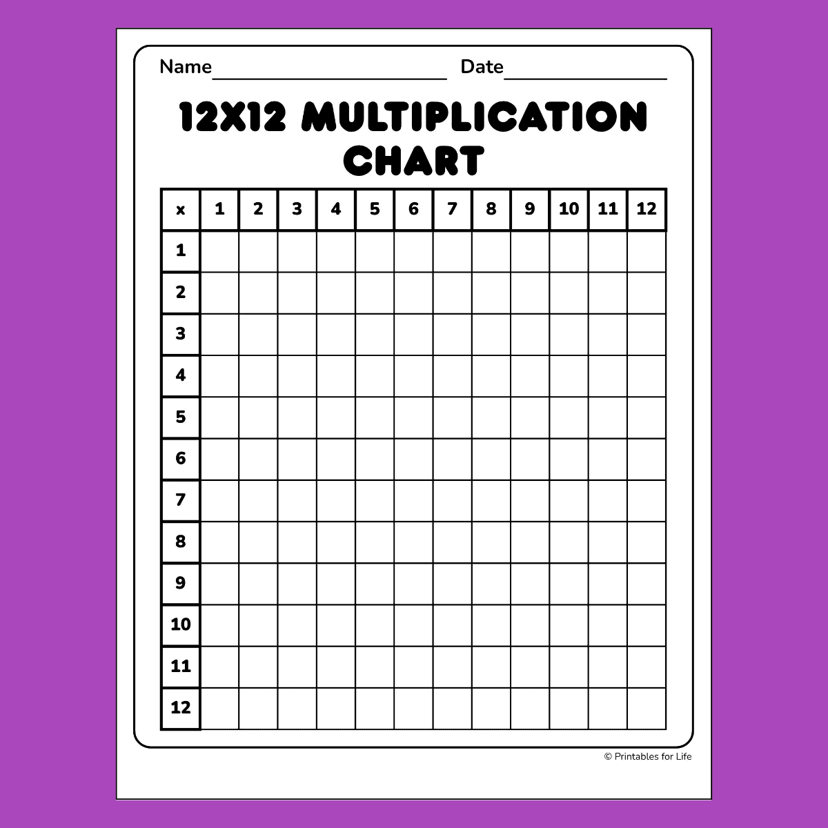 Multiplacation Chart Printable