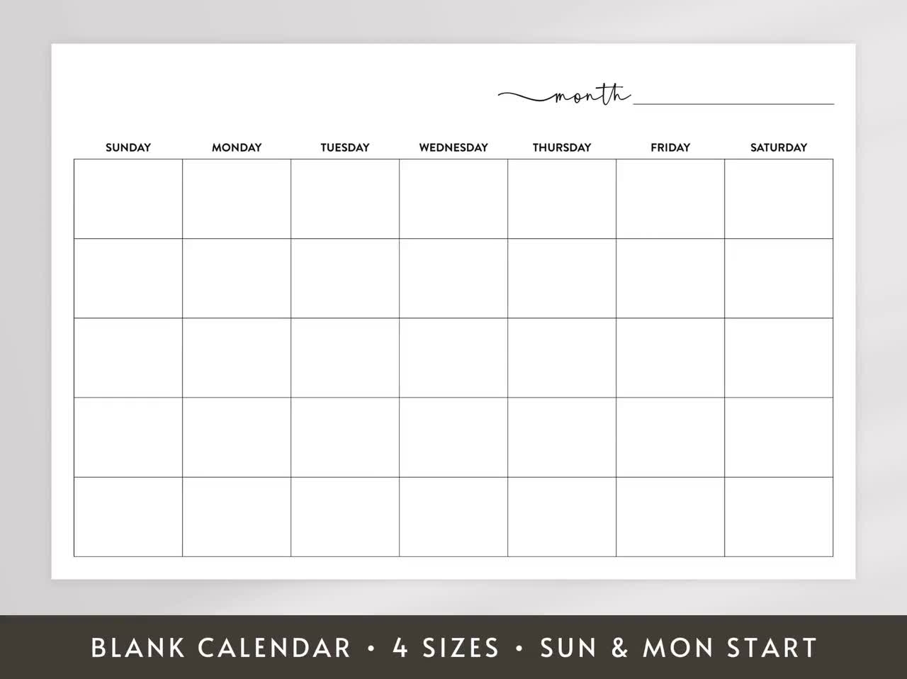 Blank Printable Calendar Large Undated Wall Calendar 8x11 18x24 24x36 27x40 Sunday And Monday Start Digital Download Etsy Israel