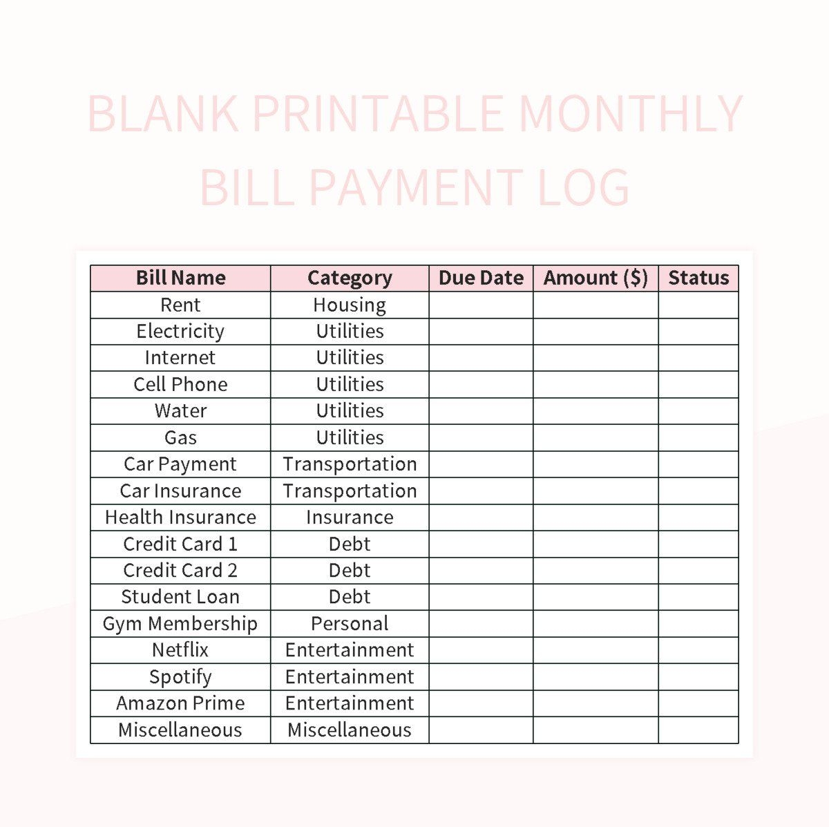 Free Printable Payment Log Sheet